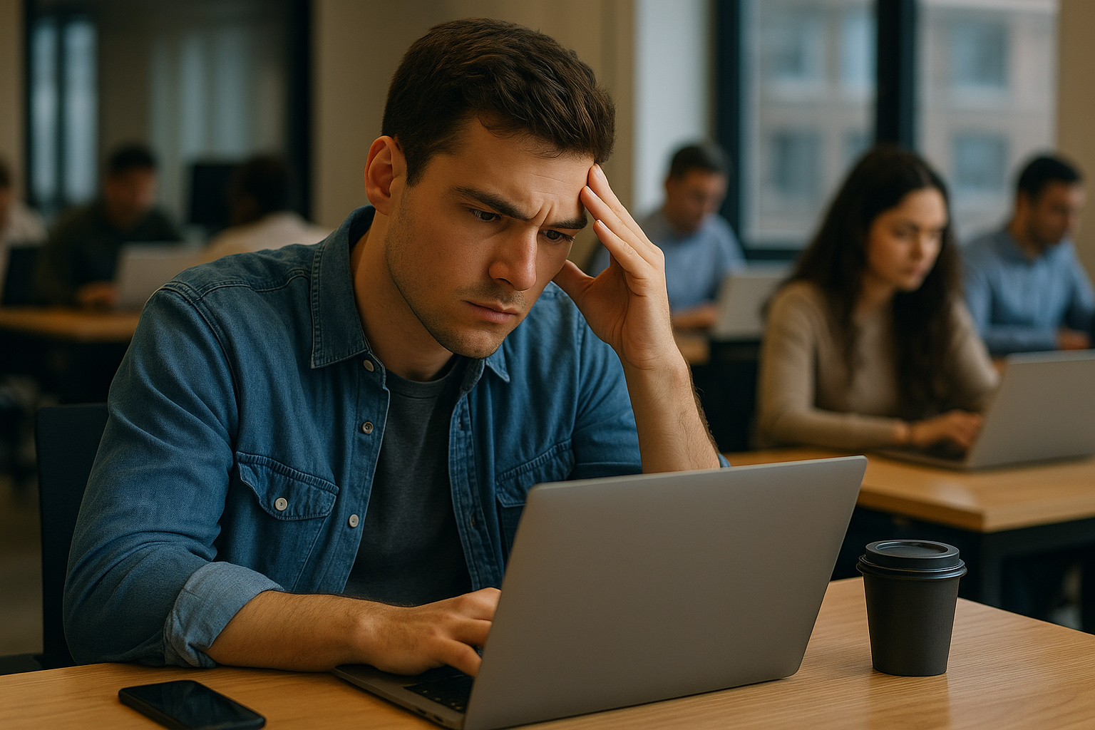 Jovem profissional concentrado em ambiente corporativo enquanto trabalha no notebook, representando os desafios de visibilidade e aprendizado no trabalho remoto.