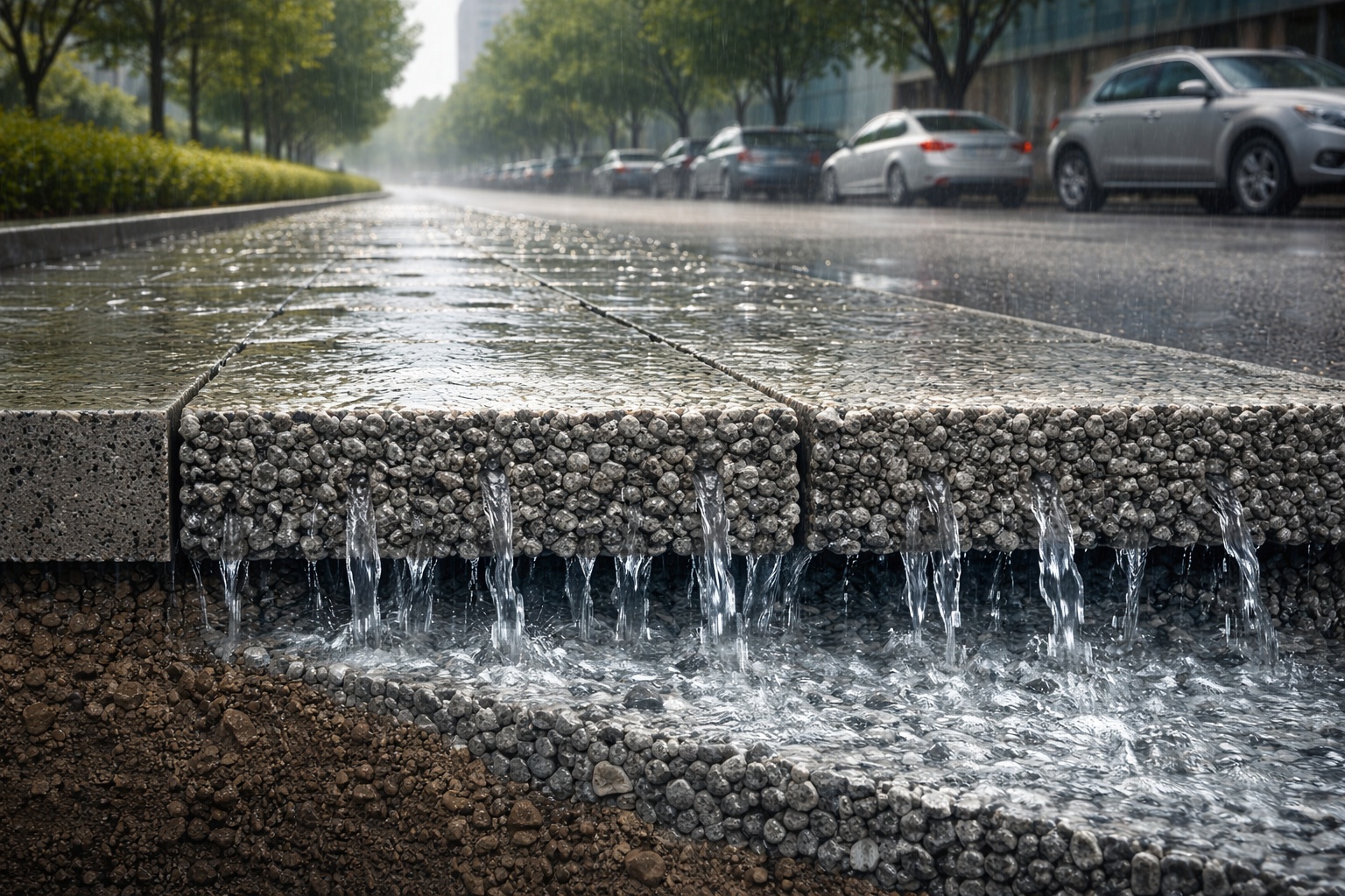 Concreto drenante permite que a água atravesse o piso, elimina poças, reduz alagamentos e já substitui o asfalto em calçadas, estacionamentos e vias leves