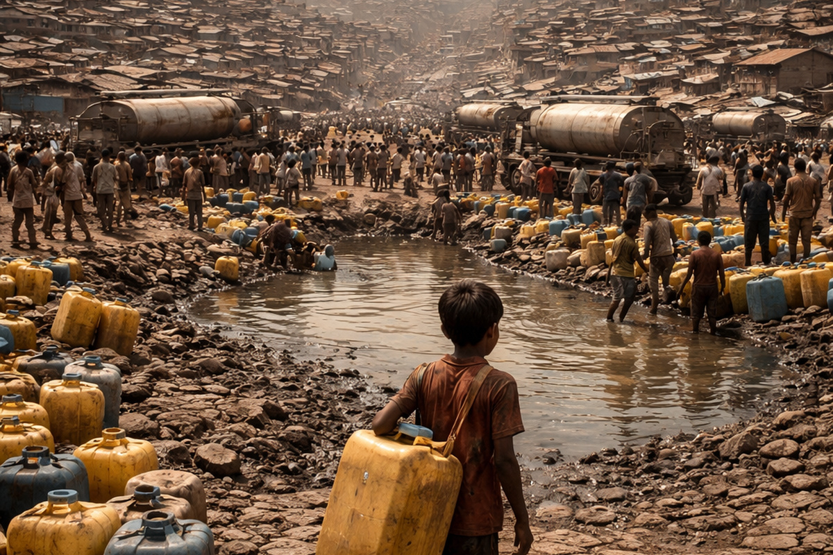 Cidade densamente povoada enfrenta escassez de água, com moradores coletando água em área urbana afetada por crise hídrica