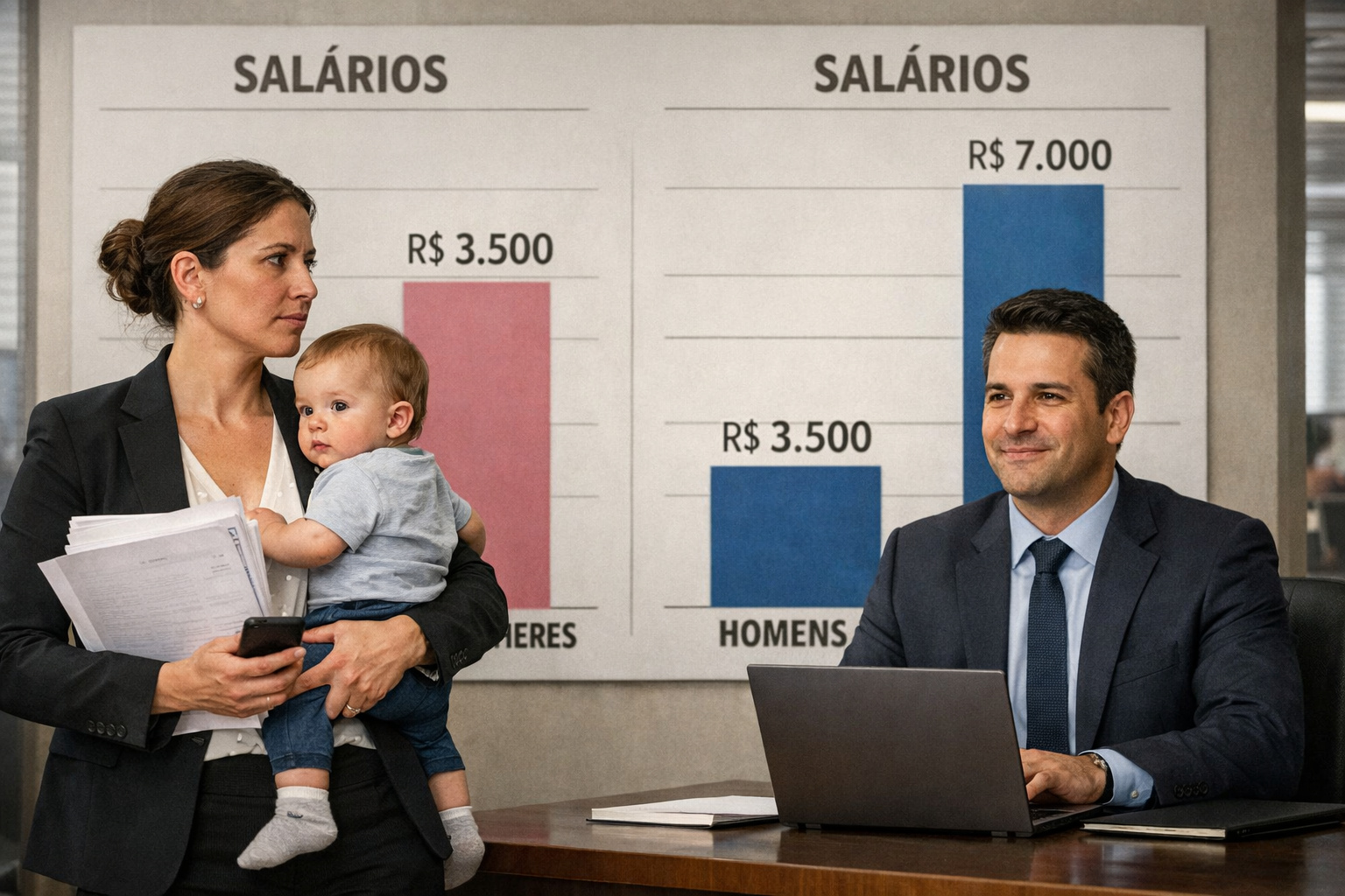 Mulher profissional com filho representa a maternidade como fator central da desigualdade salarial entre homens e mulheres.