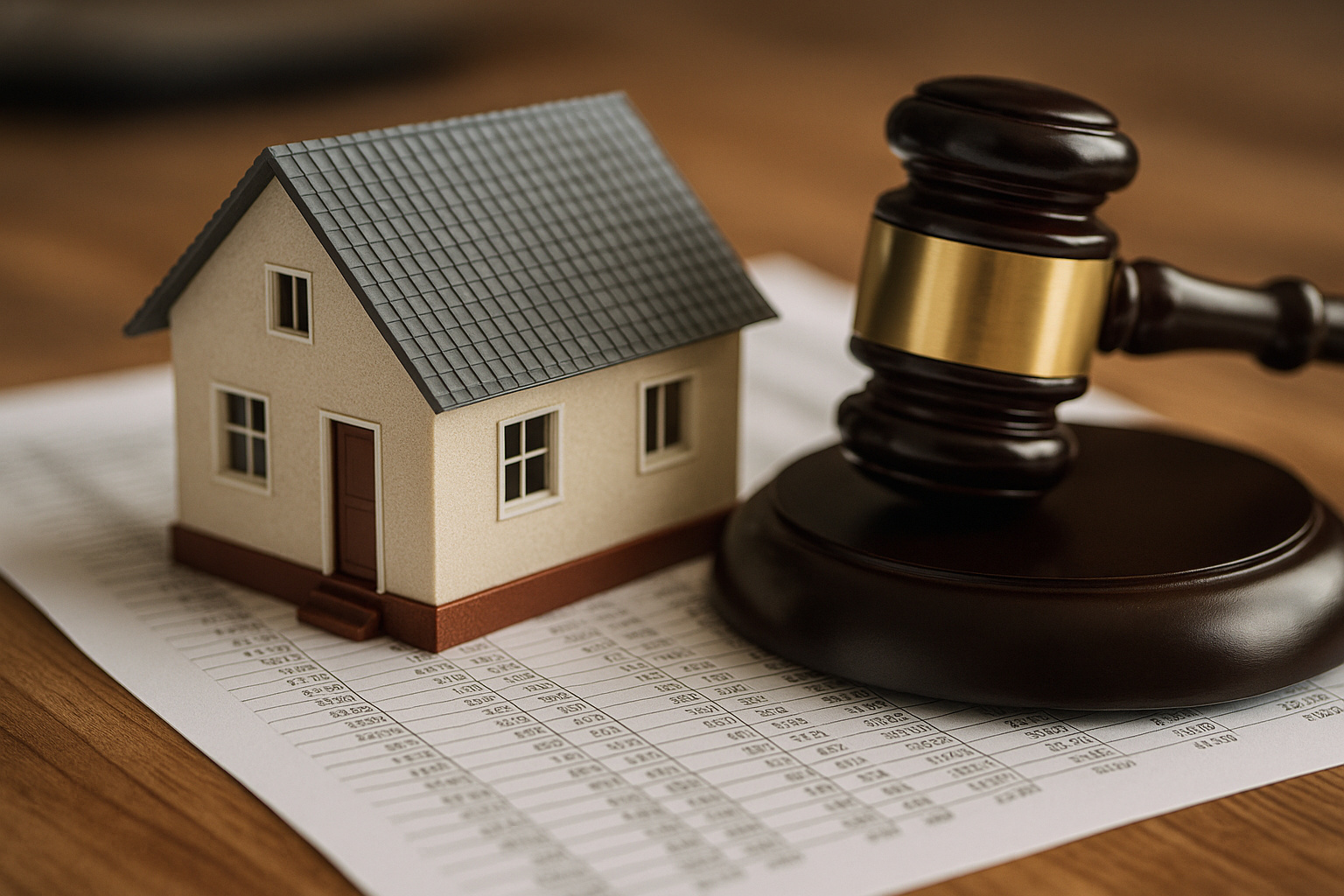 Miniatura de casa ao lado de um martelo de juiz sobre documentos financeiros, representando decisão do TJ-MG sobre cobrança extrajudicial de dívida condominial.