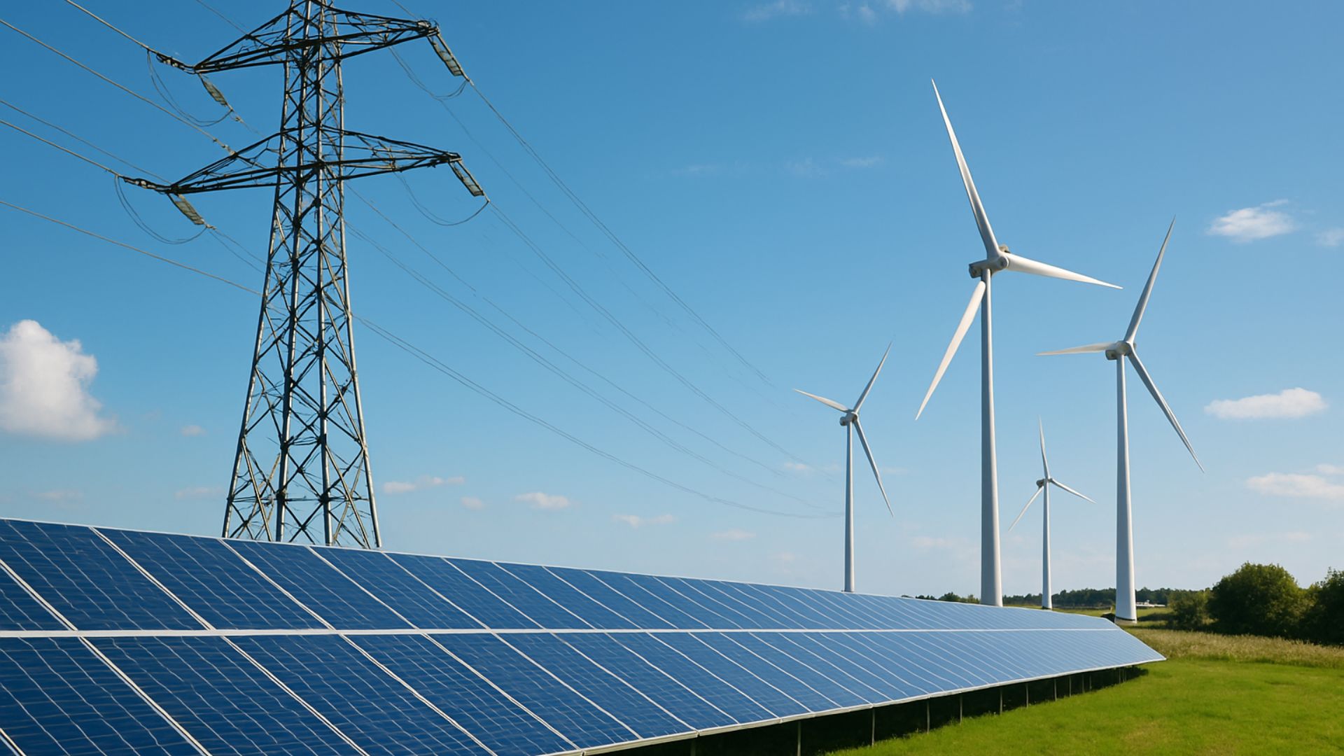 Linha de transmissão de energia elétrica em primeiro plano com painéis solares e turbinas eólicas ao fundo, sob céu azul claro.