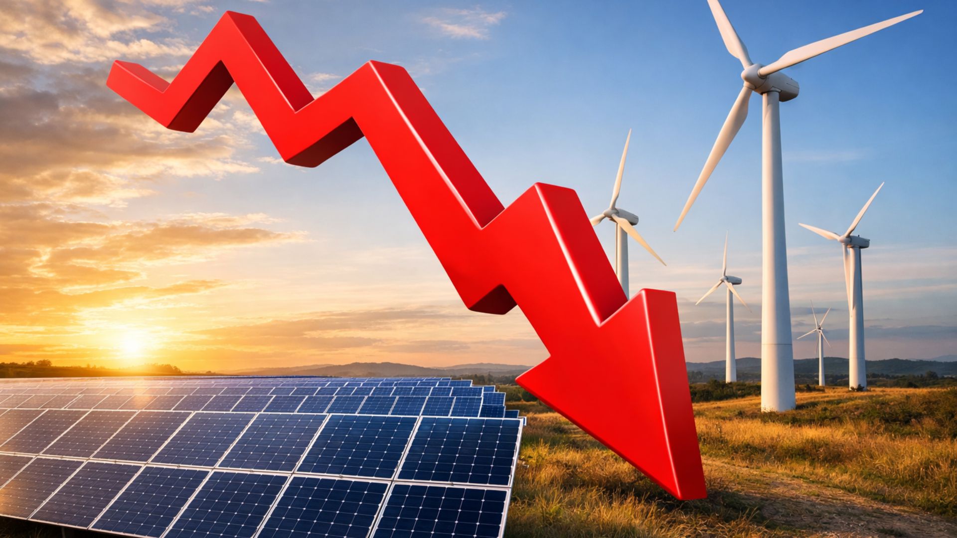 Imagem realista de painéis solares e turbinas eólicas com uma seta 3D vermelha apontando para baixo, representando queda ou desperdício de energia renovável no Brasil em 2025