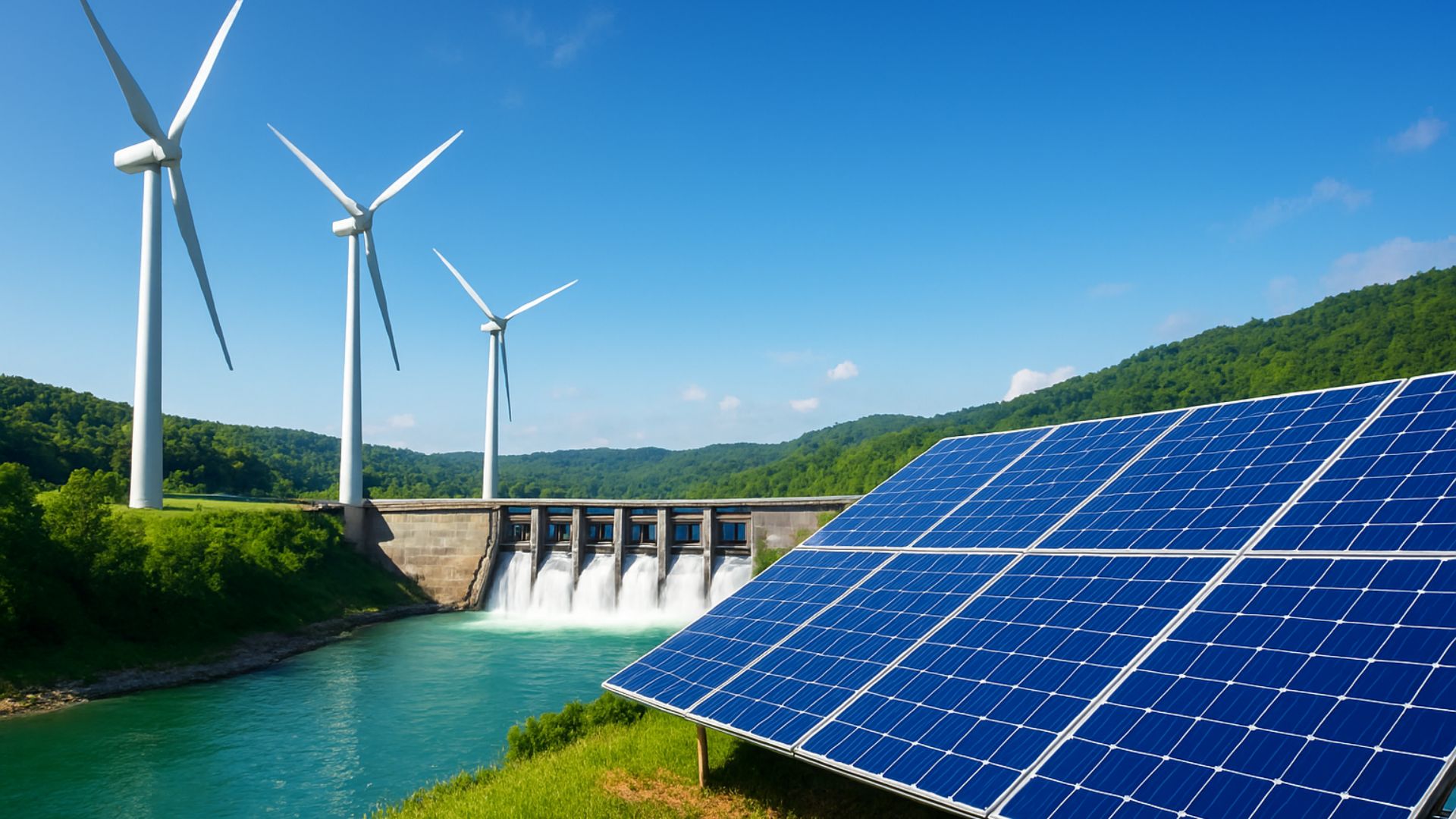Paisagem com painéis solares, turbinas eólicas e uma usina hidrelétrica em meio a colinas verdes sob céu azul, representando fontes de energia renovável integradas