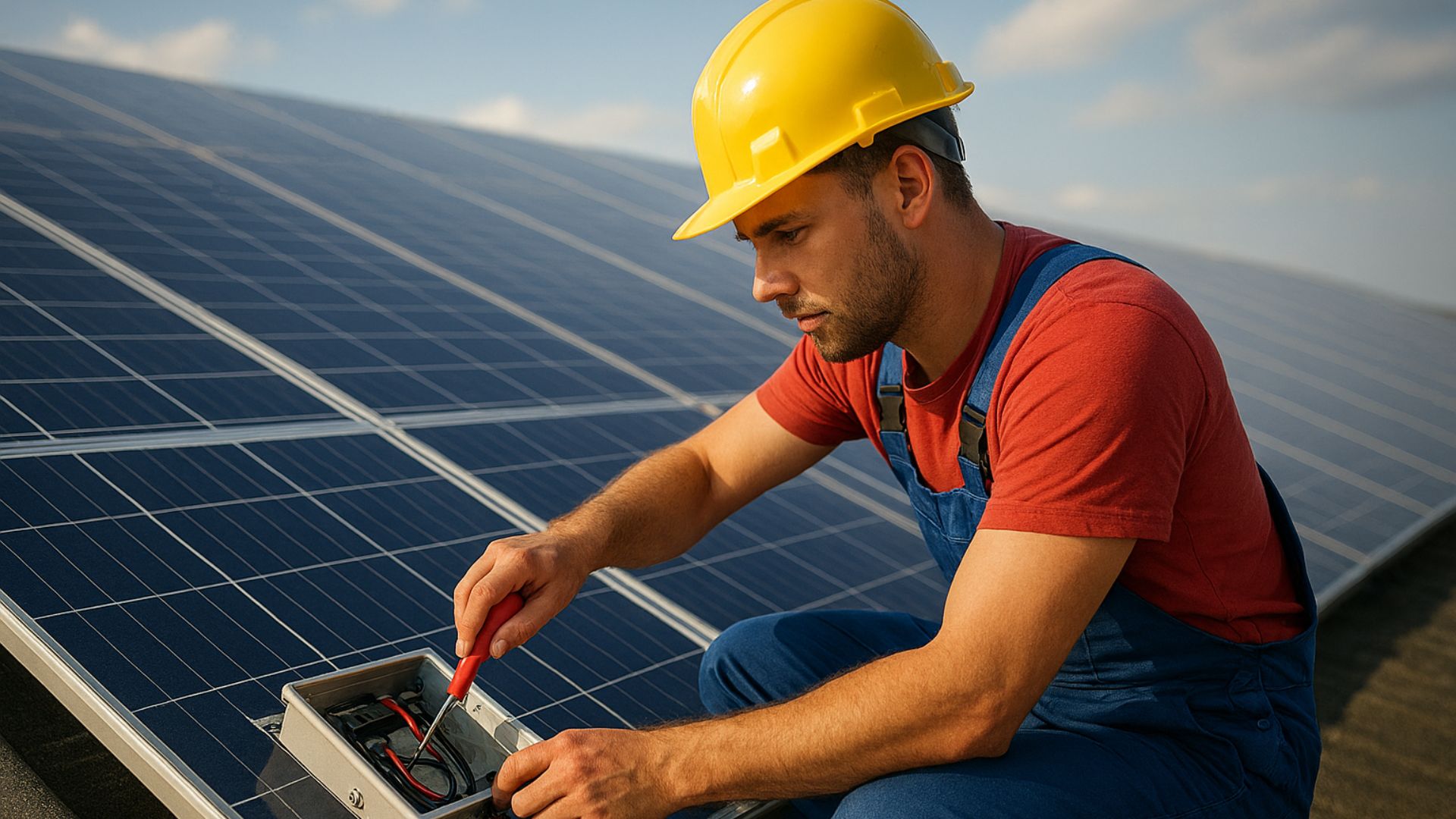 Técnico realiza manutenção em painel solar sob céu claro, representando eficiência operacional em sistemas fotovoltaicos
