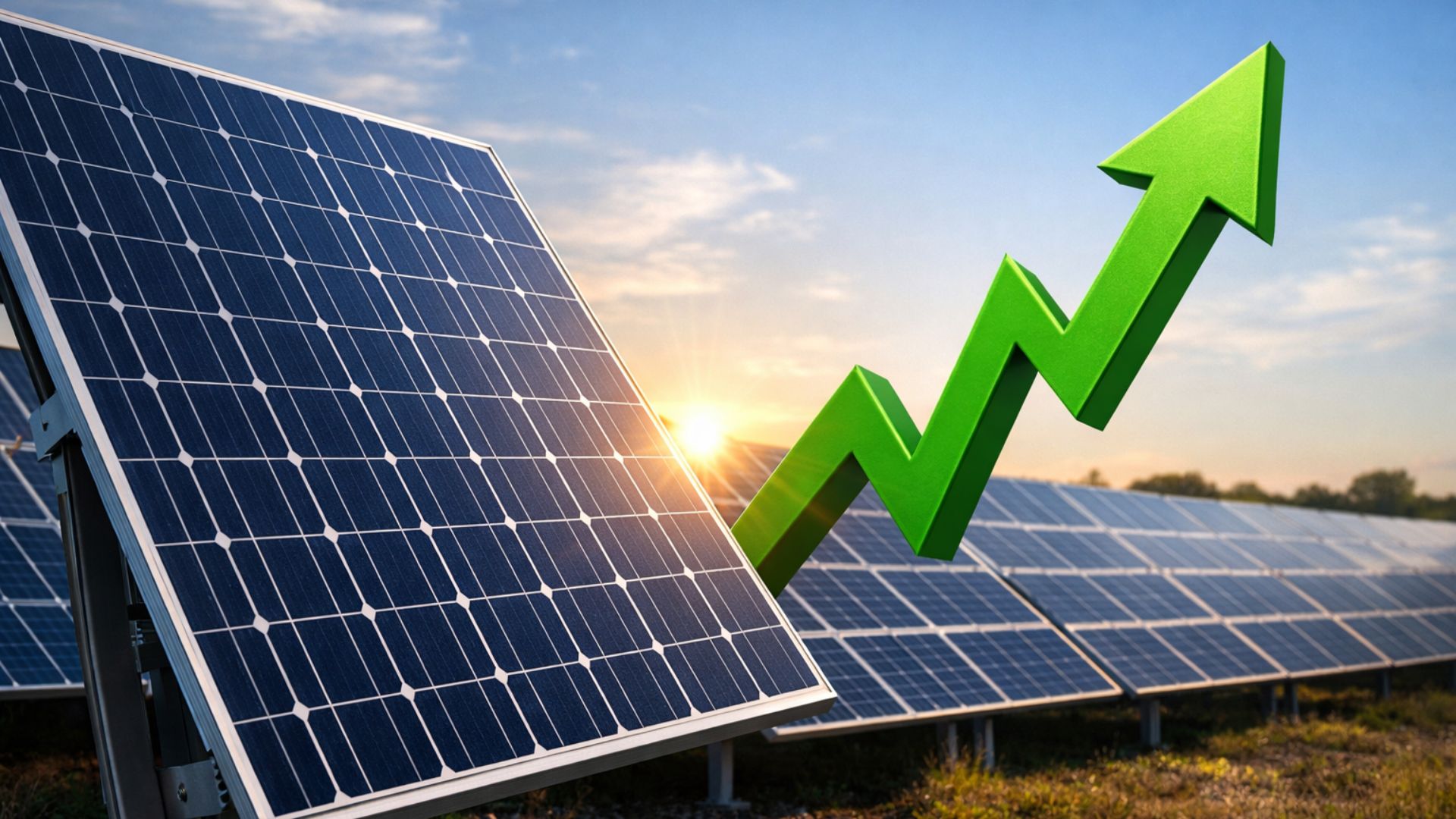 Painel solar em destaque com outros painéis fotovoltaicos ao fundo e seta verde apontando para cima, simbolizando crescimento da geração de energia solar no Brasil.