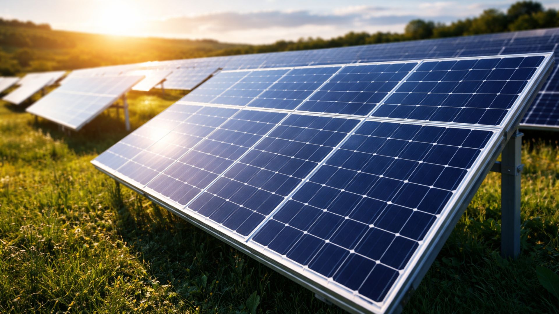 Usina solar fotovoltaica com painel em destaque e outros desfocados ao fundo, representando investimentos da Cemig SIM em geração distribuída e expansão da energia solar no Brasil.