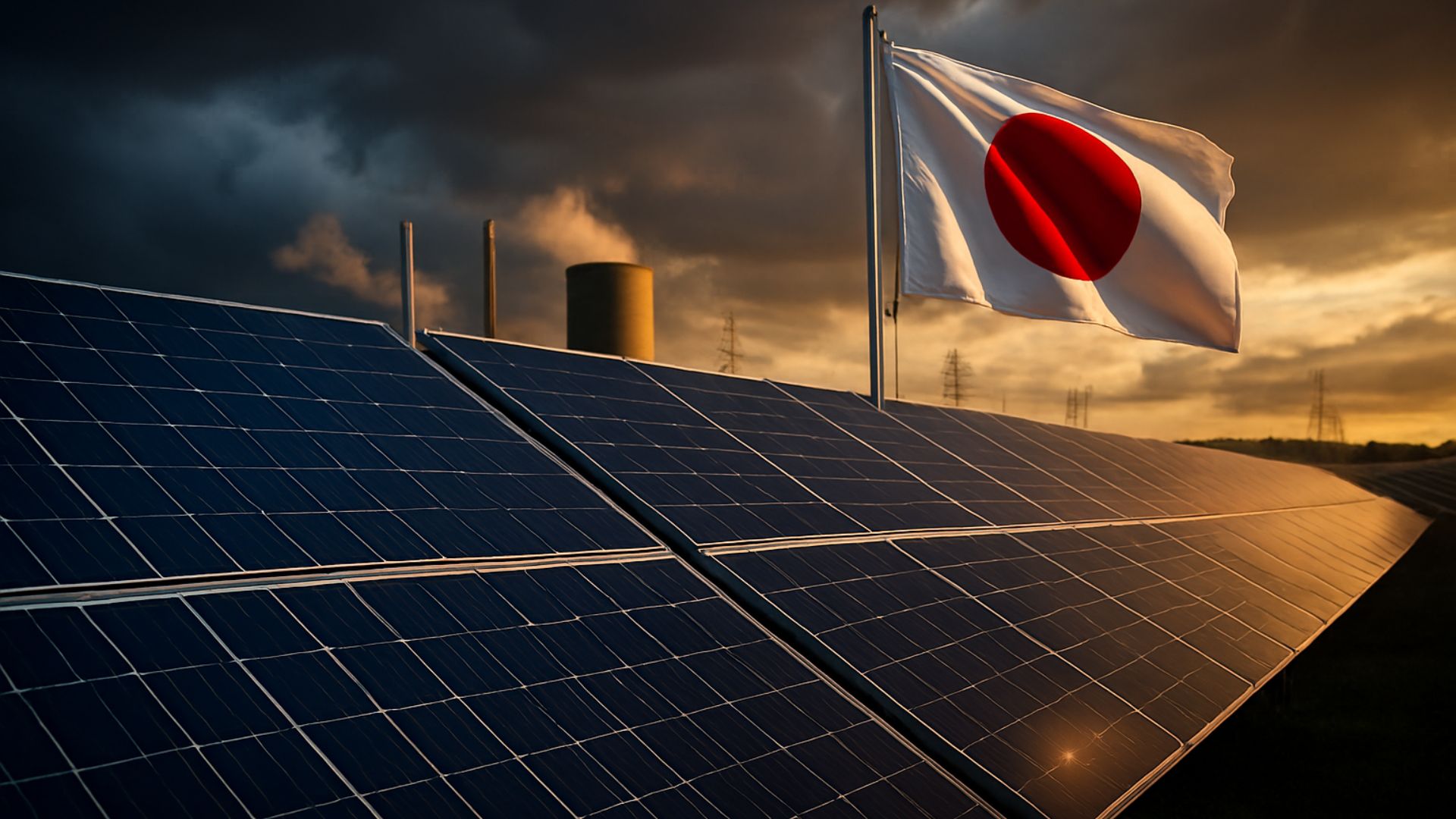 Painéis de energia solar em grande usina no Japão com bandeira japonesa ao fundo, simbolizando debate sobre incentivos, subsídios e futuro da geração solar no país