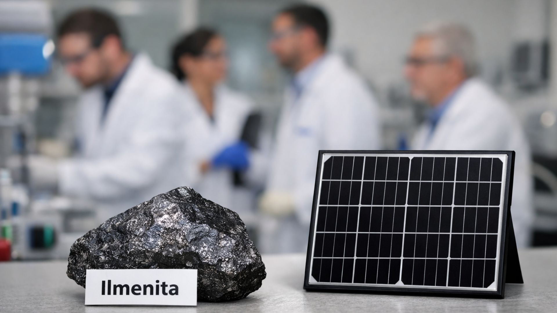 Laboratório com pesquisadores da UFPB e UFCG ao fundo, levemente desfocados, enquanto uma pedra de ilmenita identificada e um painel solar preto simbolizam inovação em coletores solares térmicos.