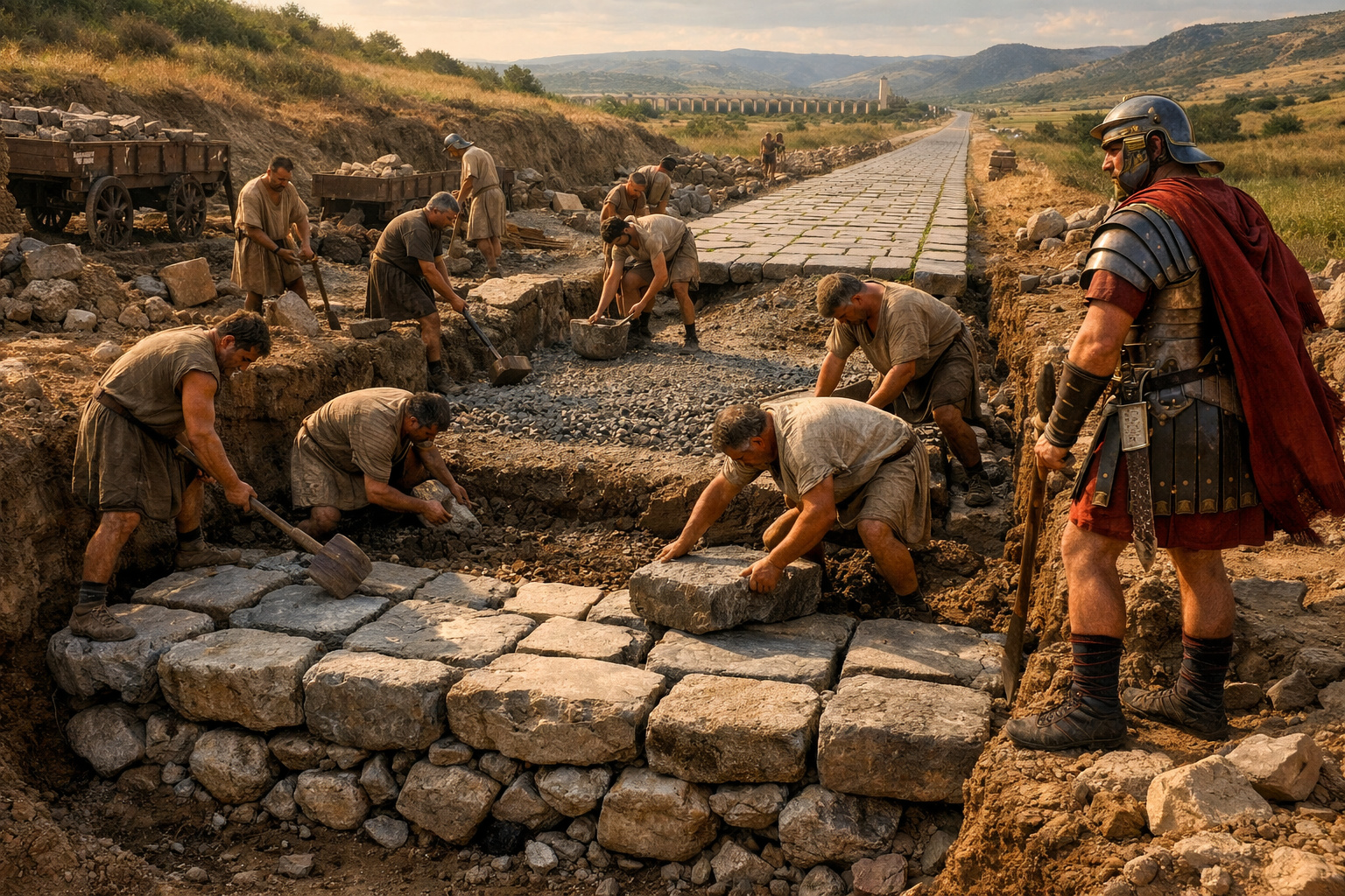 Estrada romana antiga de pedra, preservada após mais de 2 mil anos, mostrando engenharia avançada e sistema de drenagem eficiente.