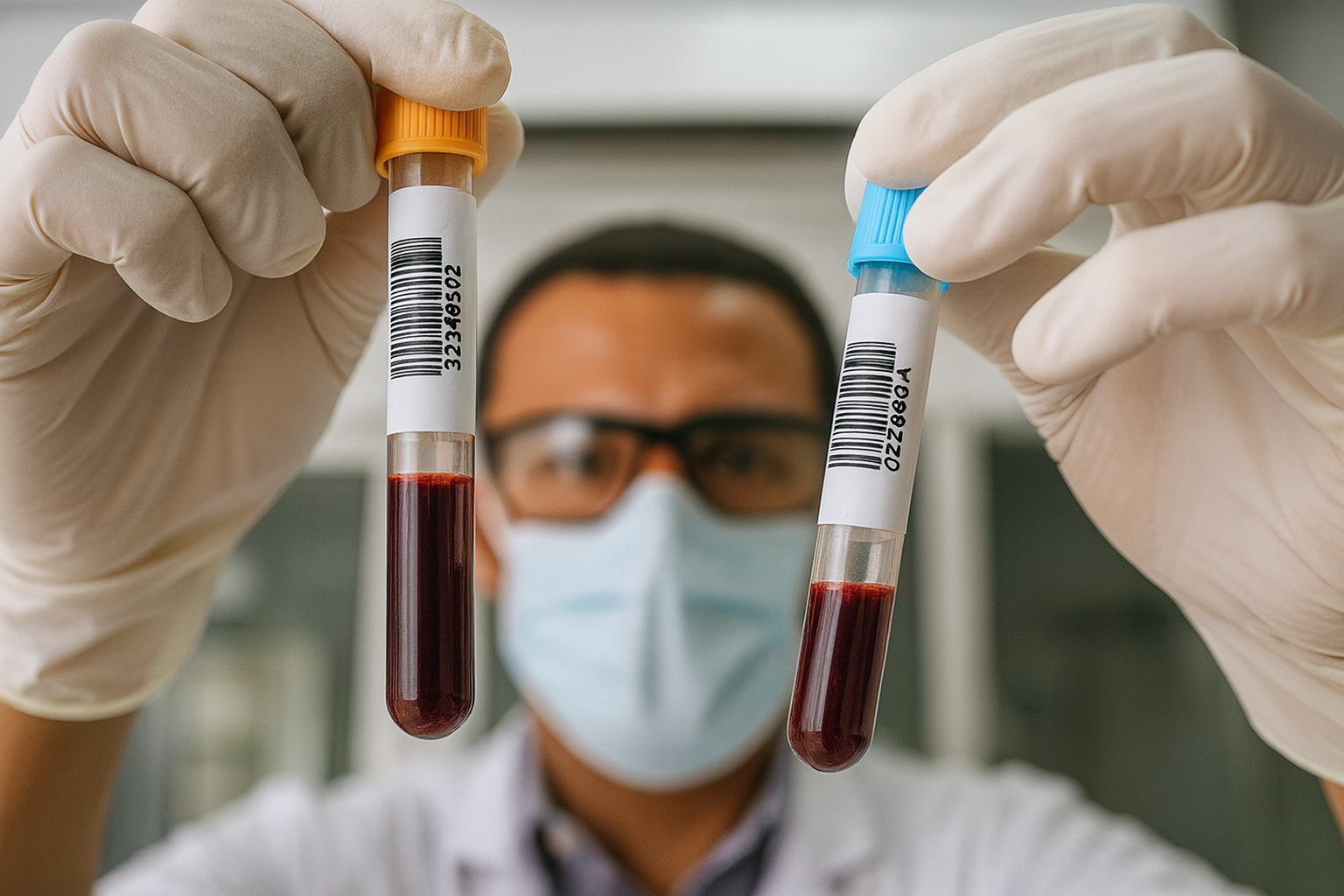Cientista segurando tubos de ensaio com amostras de sangue durante análise laboratorial que representa a descoberta de um novo sistema sanguíneo raro.