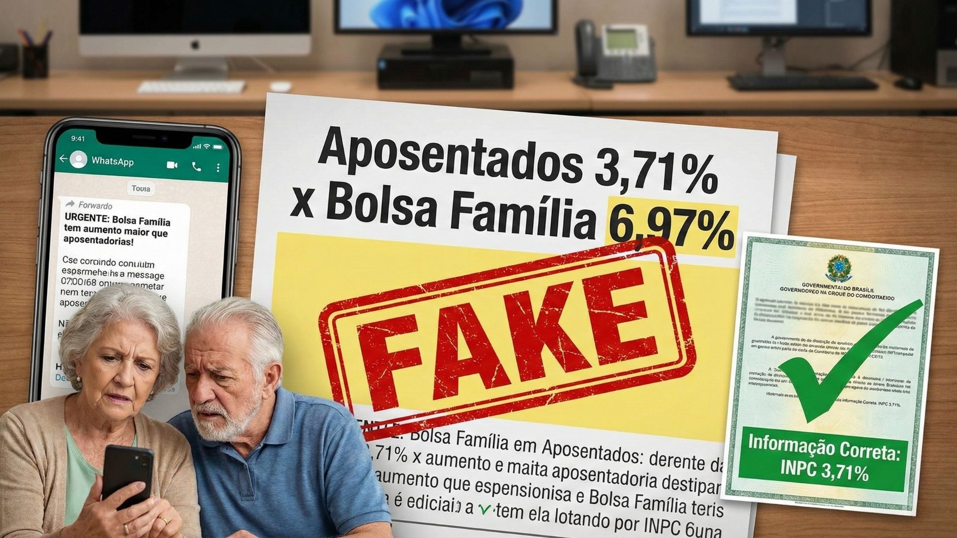 Cartaz falso mostrando comparação enganosa entre reajustes do Bolsa Família e de aposentadorias, marcado com selo vermelho “FAKE”, ao lado de WhatsApp e documento oficial com check verde.