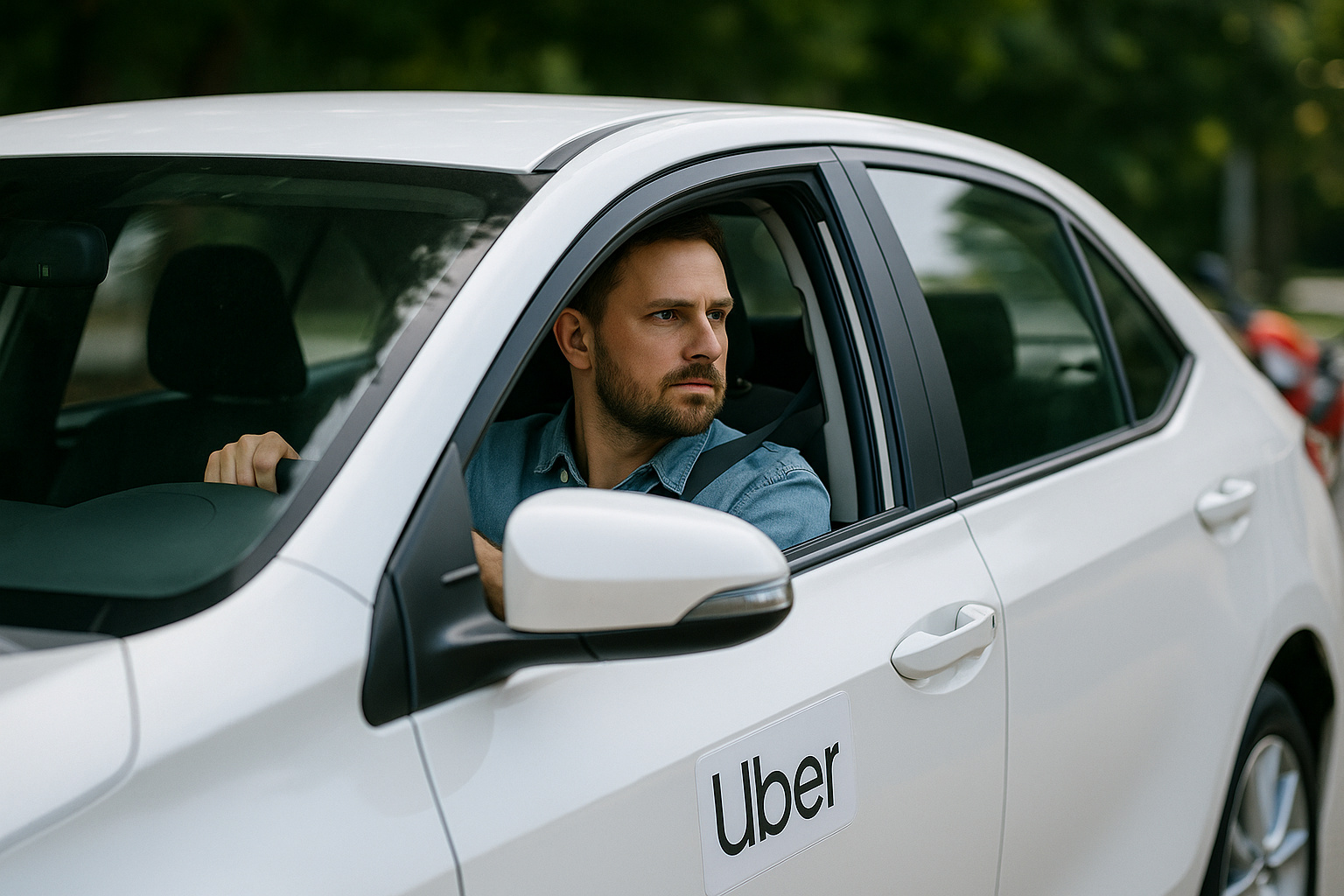 Motorista de aplicativo dentro de um carro branco olhando para a rua, representando trabalhadores que podem solicitar isenção de IPVA em Rondônia.