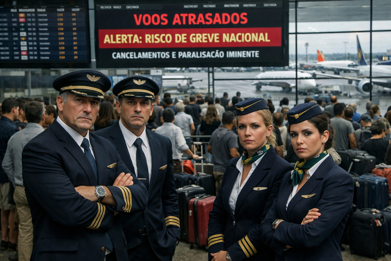Pilotos e comissários em aeroporto brasileiro durante anúncio de estado de greve no setor aéreo.