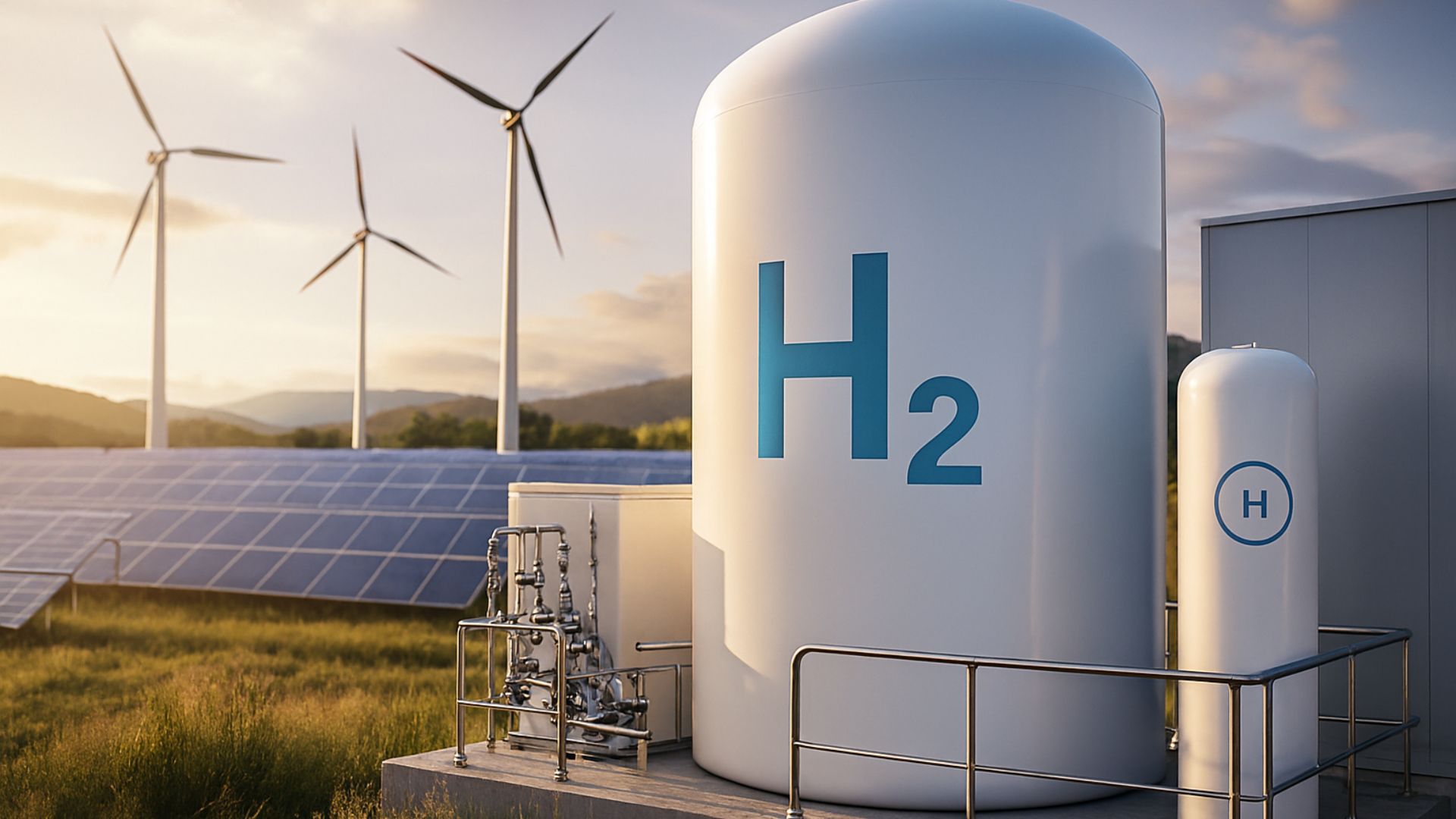 Tanques de hidrogênio verde com painéis solares e turbinas eólicas ao fundo, representando produção de energia limpa e descarbonização industrial.