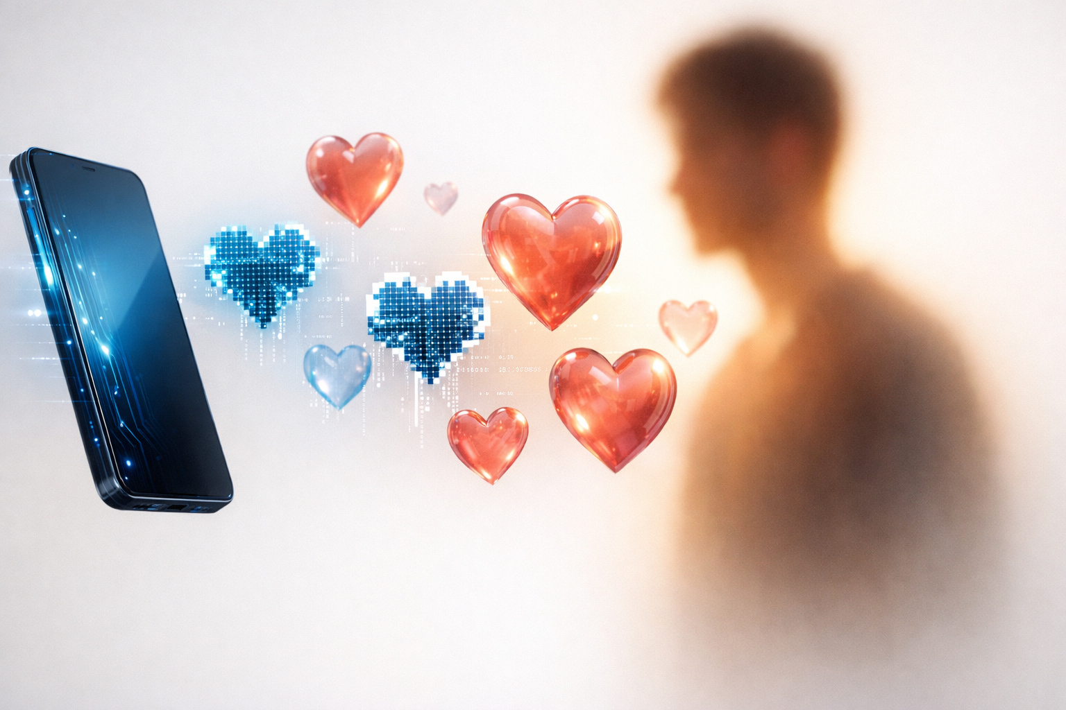 Pessoa usando celular à noite em conversa com inteligência artificial, simbolizando dilemas afetivos e traição emocional