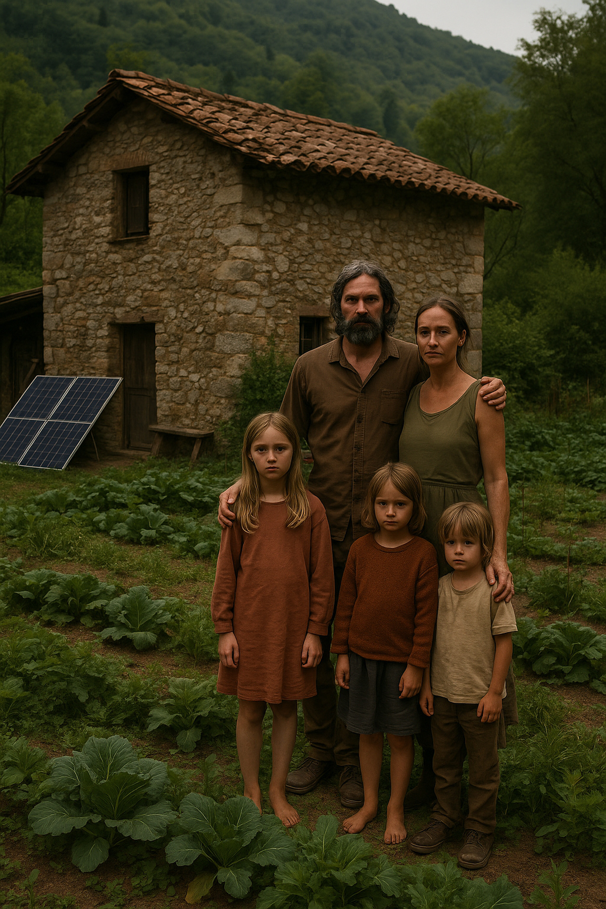 Família em frente a uma casa de pedra isolada, com horta e painéis solares, representando vida autossuficiente em área rural da Itália.