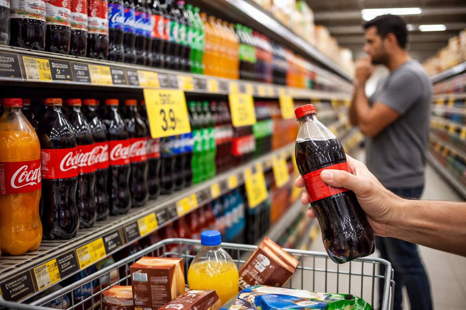 Consumidor analisa preços de refrigerantes e bebidas açucaradas em prateleira de supermercado diante de cenário de aumento de custos previsto para 2026.