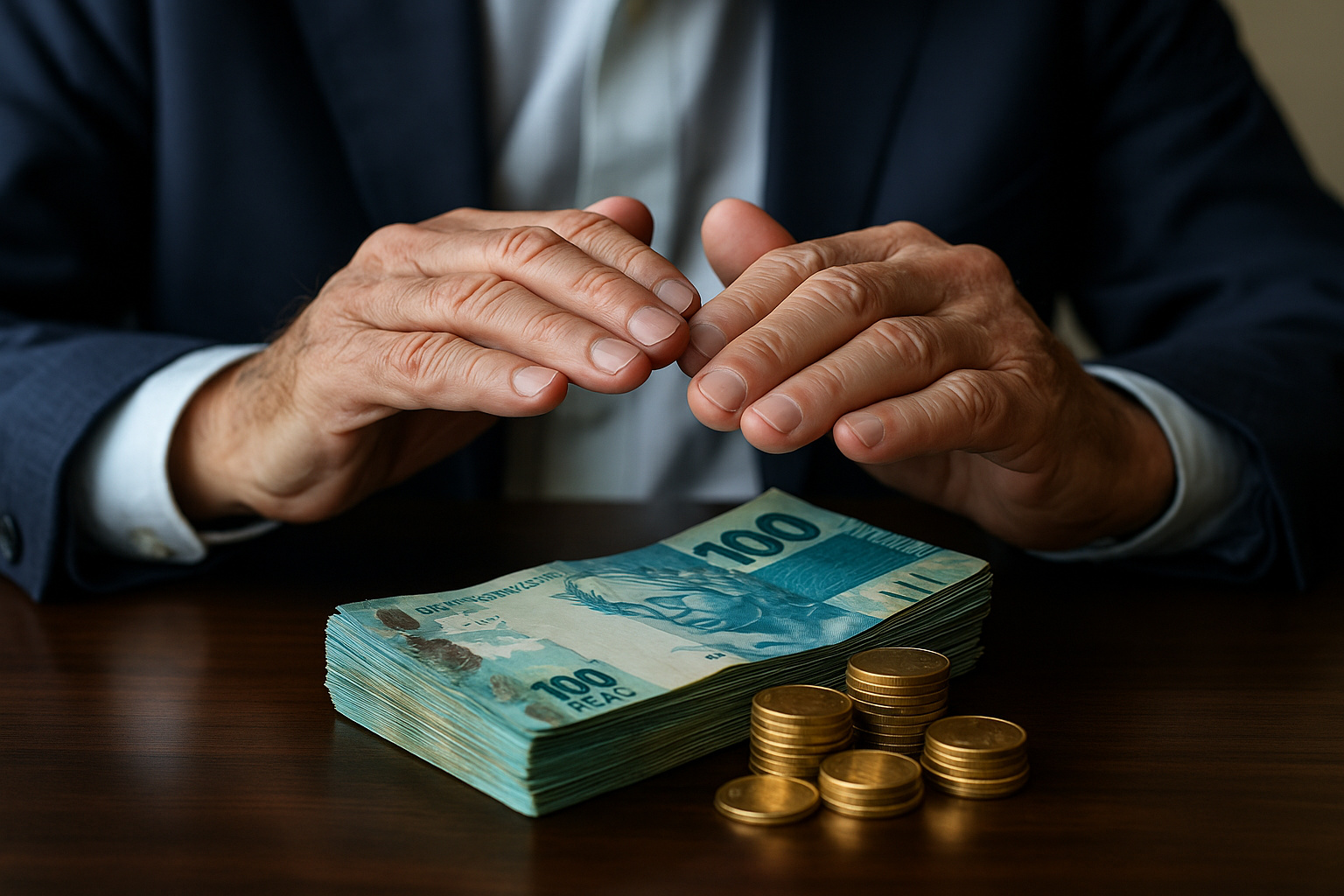 Mãos de idoso protegendo valores em dinheiro em reais, representando a impenhorabilidade de até 40 salários mínimos determinada pela Justiça Federal.