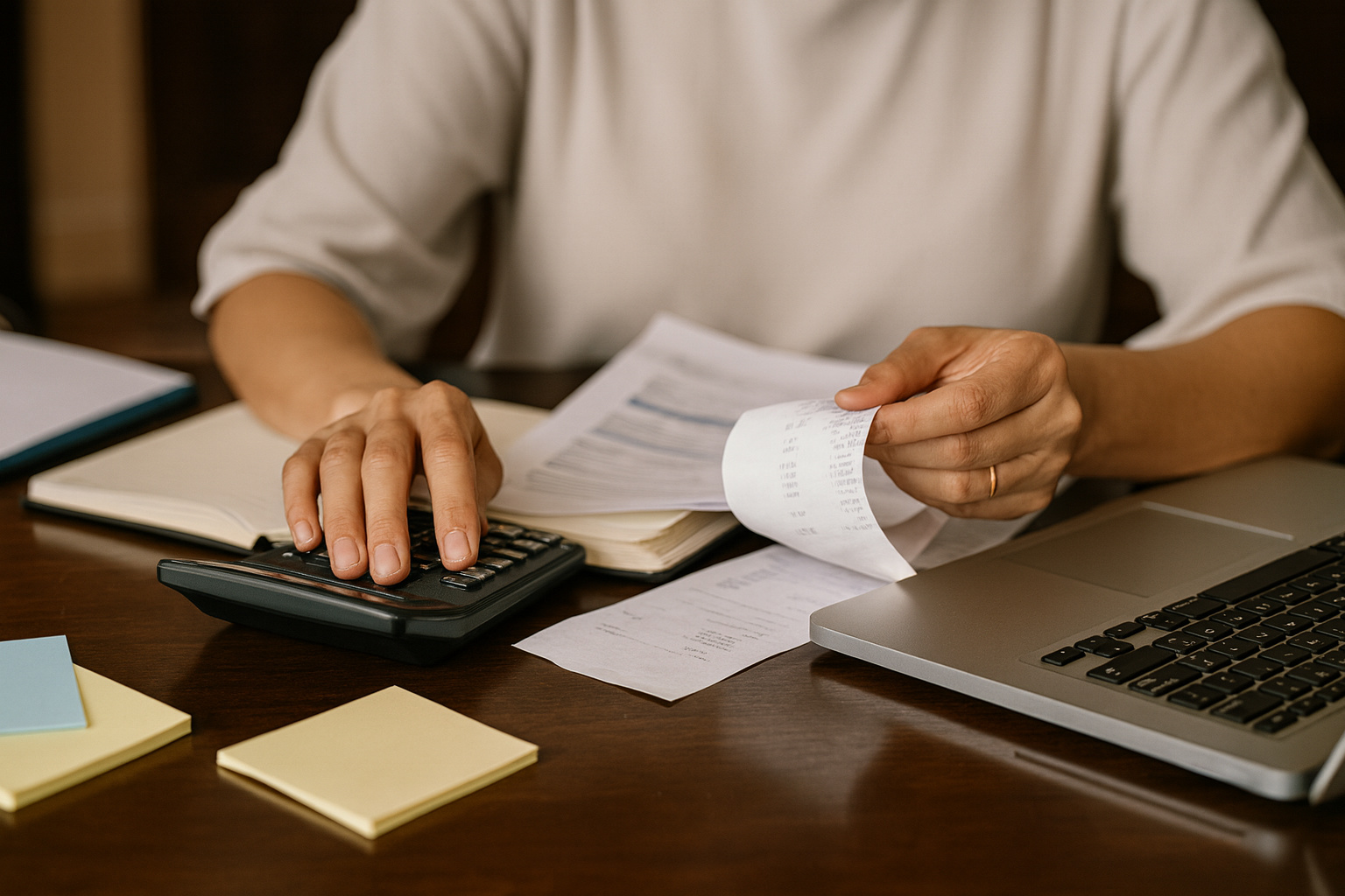 Consumidora calcula valores e analisa documentos financeiros durante processo de renegociação de dívida bancária.