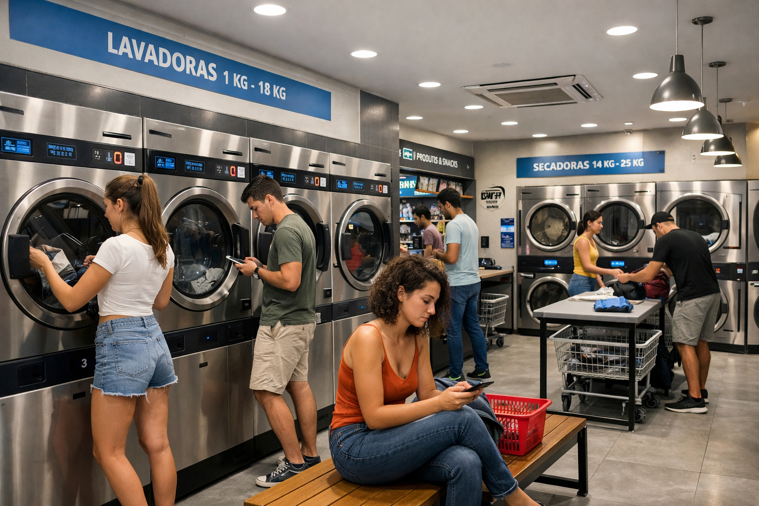 Lavanderia self-service moderna com máquinas industriais e clientes em ambiente urbano.