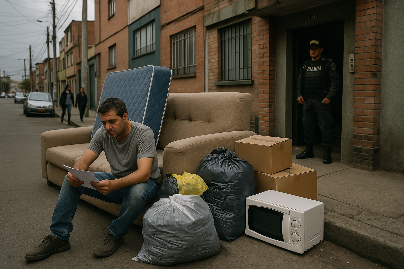 Oficial de justiça entrega notificação de despejo a inquilino em prédio residencial na Colômbia.