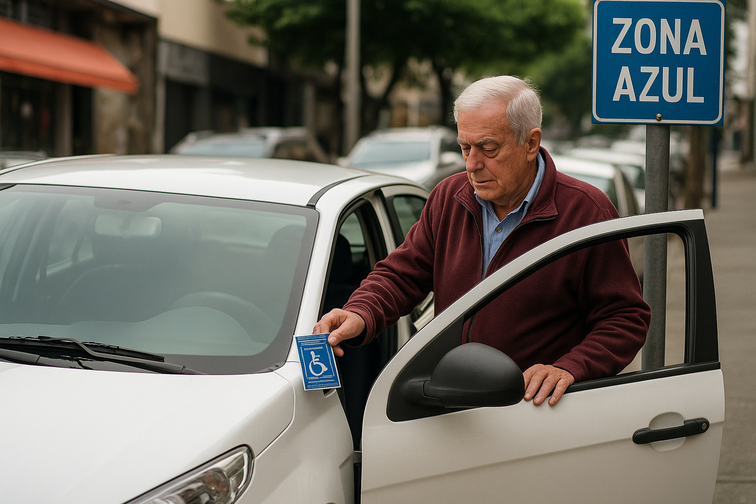 Idoso estaciona veículo em vaga da Zona Azul com cartão de identificação, ilustrando a isenção de estacionamento para maiores de 60 anos em Cotia.