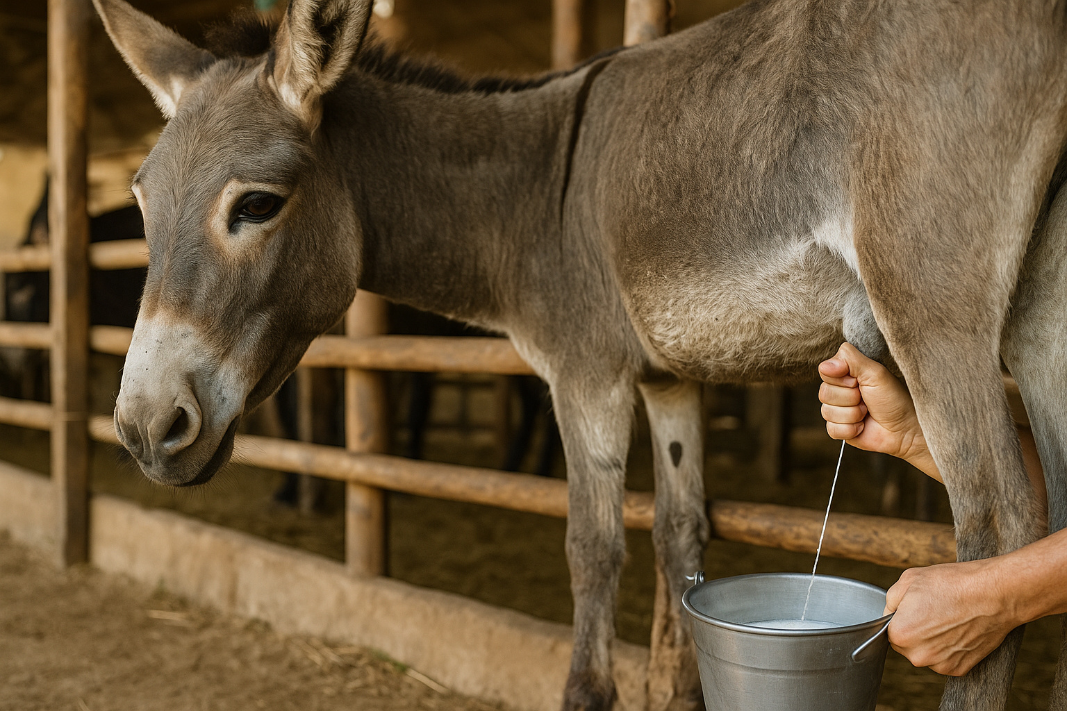 Ordenha de jumenta em ambiente rural, destacando a produção de leite utilizada na pecuária funcional e cosmética.