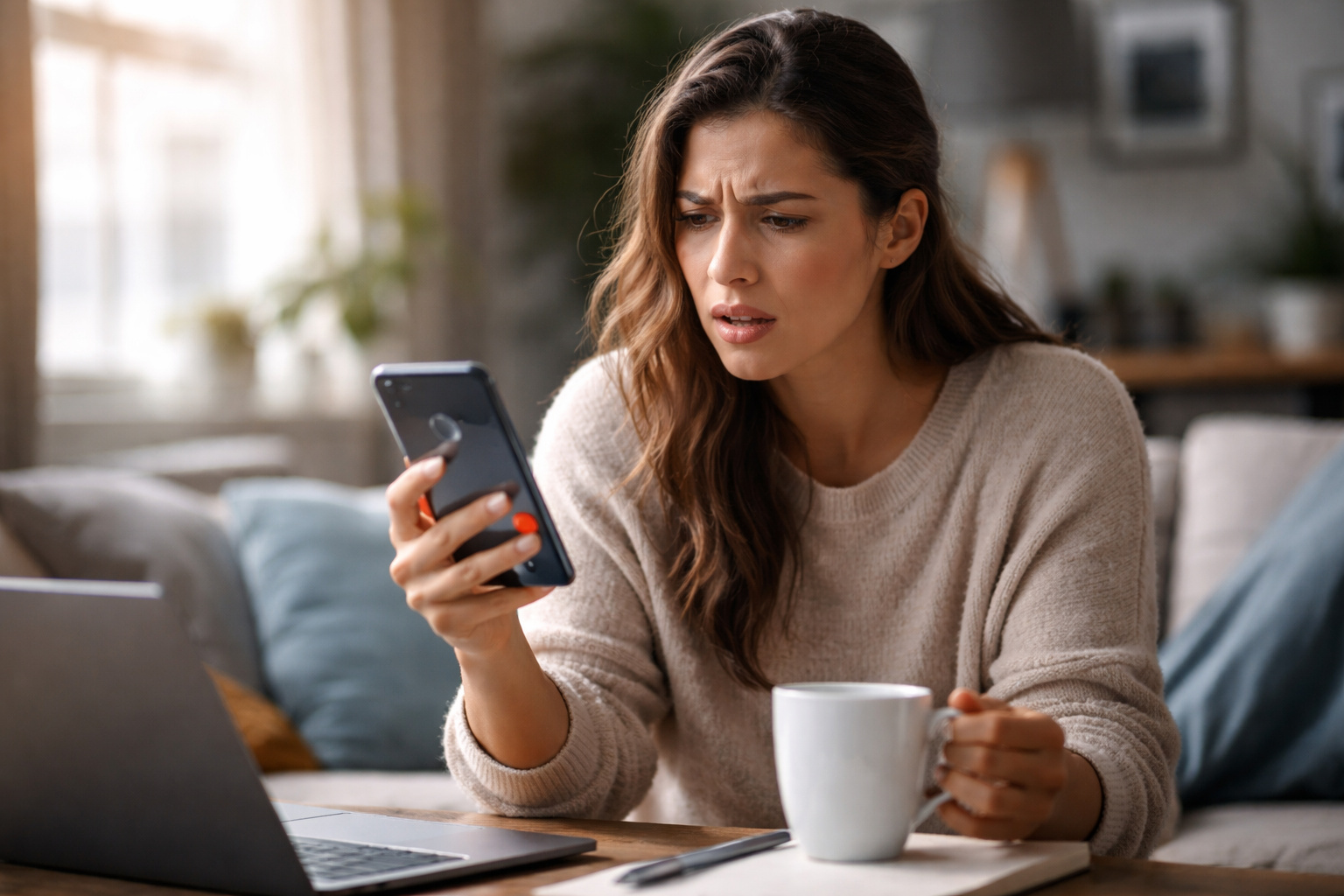 Mulher observa chamada telefônica inesperada no celular enquanto trabalha em casa, representando o desconforto com ligações sem aviso na comunicação moderna.