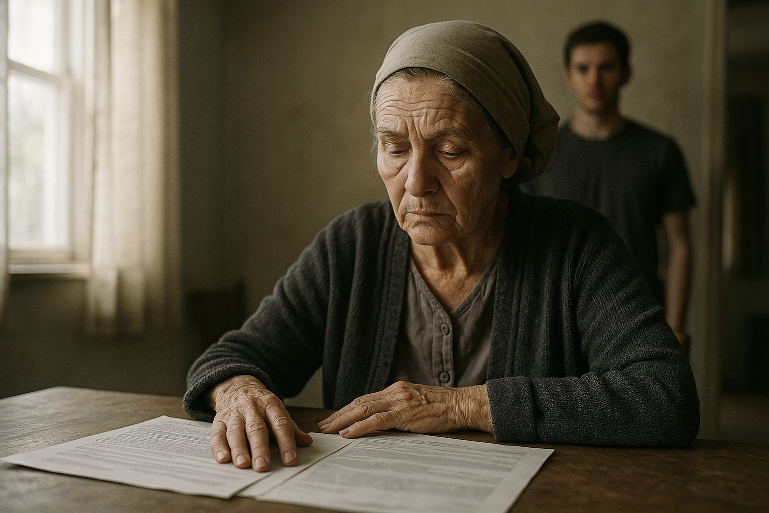 mãe idosa analisando documentos após decisão de pensão alimentícia baseada no Código Civil.