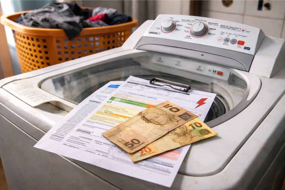 Máquina de lavar antiga pode aumentar a conta de luz em até R$ 70 por mês e virar um gasto silencioso no bolso dos brasileiros