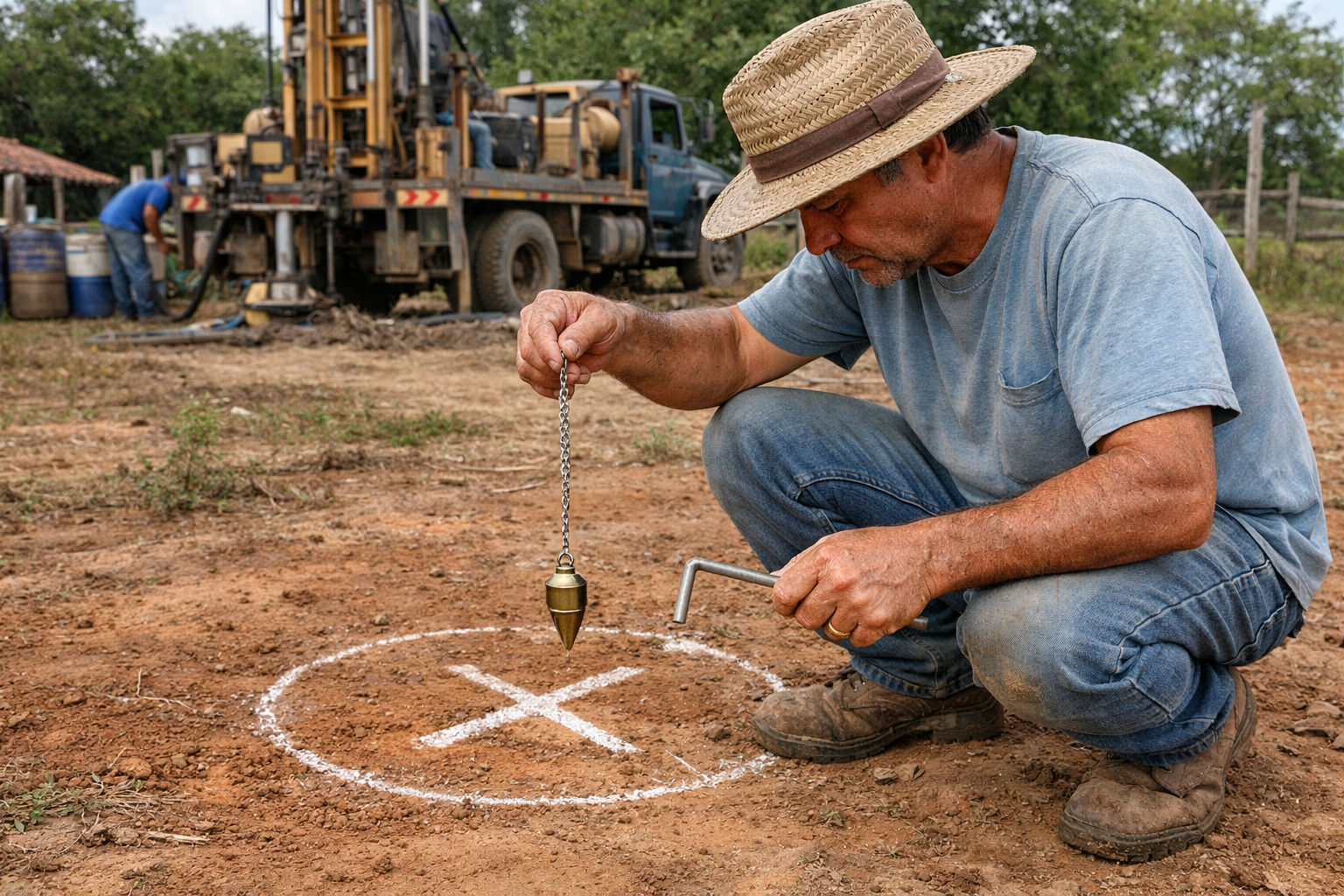Profissional realizando marcação e centralização de poço artesiano antes da perfuração