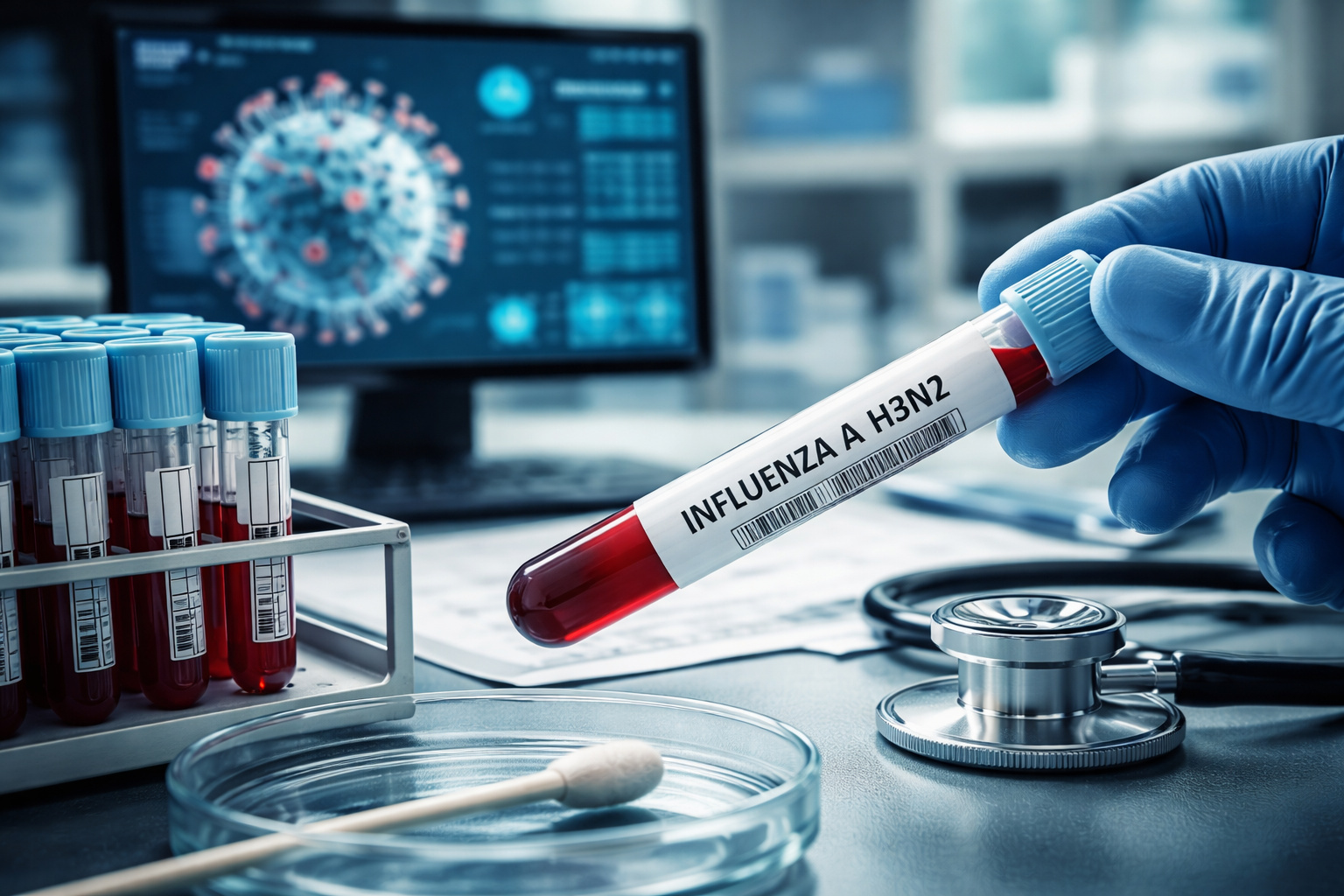 Amostra de sangue analisada em laboratório para identificação do vírus Influenza A H3N2, com equipamentos médicos e ambiente clínico de vigilância epidemiológica.