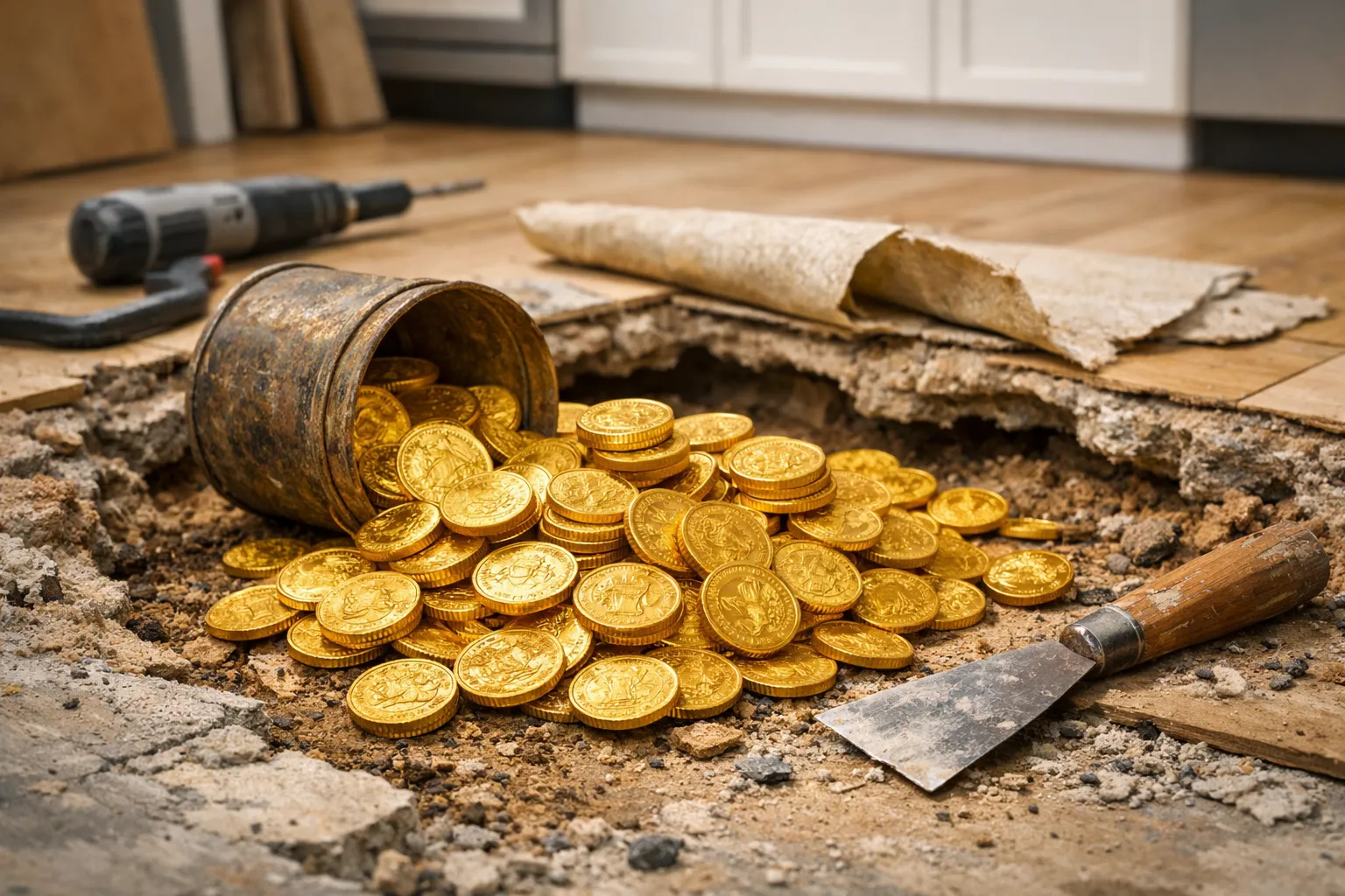 Descoberta de 264 moedas de ouro sob piso de cozinha em casa inglesa resultou em leilão de € 750 mil, envolvendo peças raras cunhadas entre 1610 e 1727