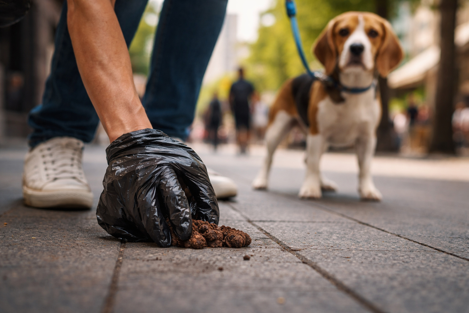 Tutor recolhe fezes de cachorro com saco plástico durante passeio em calçada urbana, conforme exigência de leis municipais.