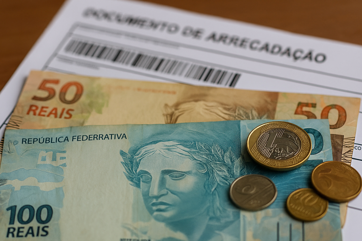 Notas e moedas brasileiras sobre documento de arrecadação do IPVA 2026 no Rio de Janeiro.