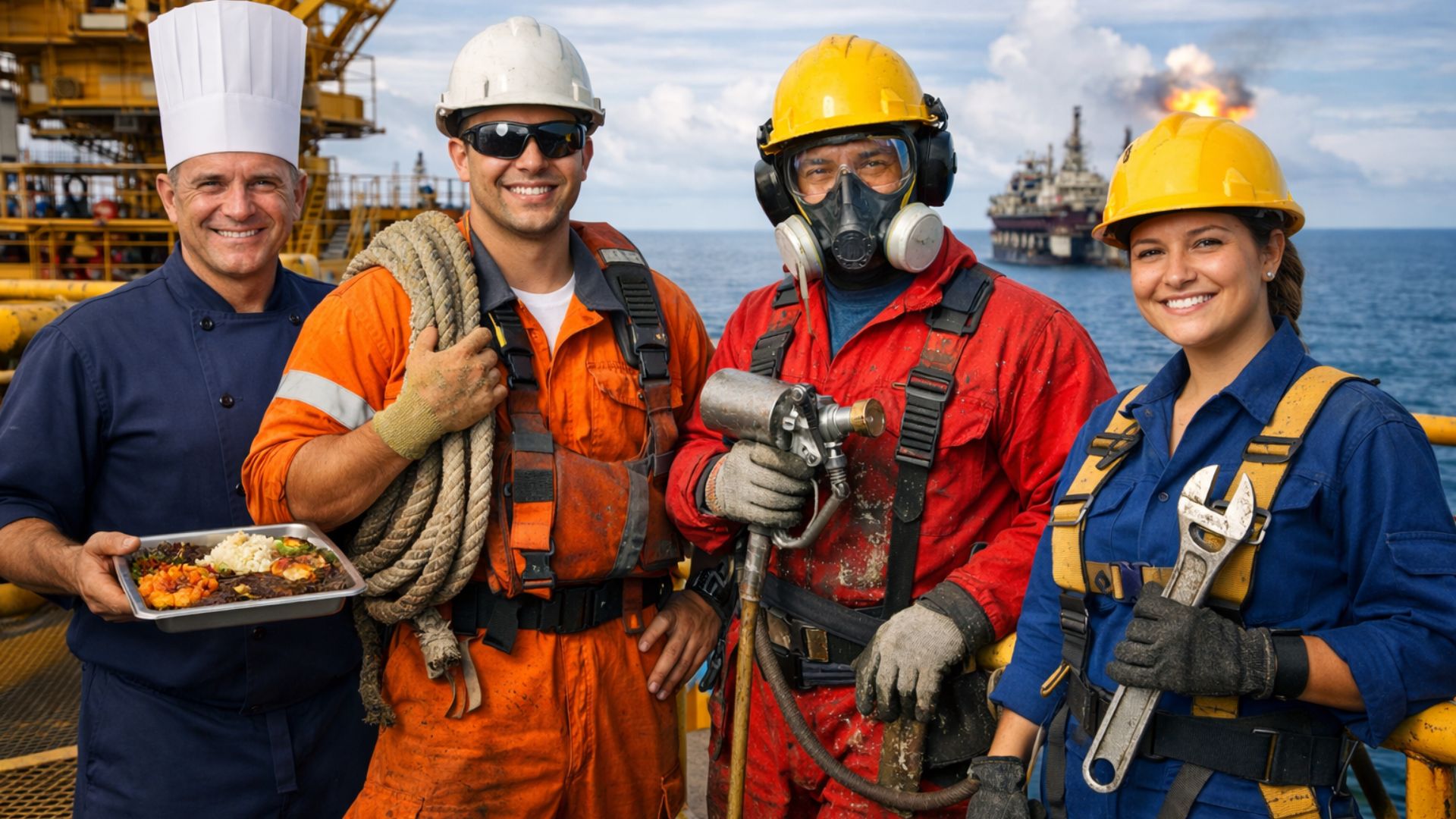 Trabalhadores offshore de diferentes áreas atuando em uma plataforma de petróleo em alto-mar, incluindo taifeiro, auxiliar de plataforma e pintor industrial, com equipamentos de segurança.