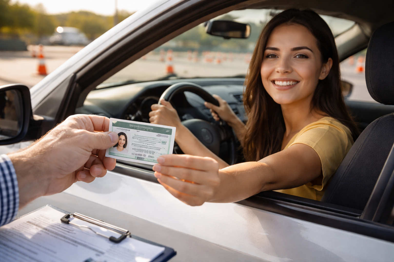 Candidata recebe a Carteira Nacional de Habilitação dentro de um carro de autoescola após concluir o processo da CNH no Brasil.