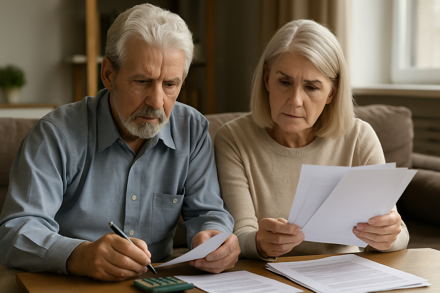 Idosos analisando documentos financeiros em casa enquanto calculam mudanças na isenção do Imposto de Renda de 2026.