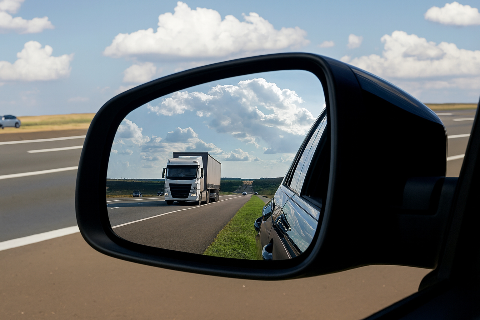 Retrovisor mostrando caminhão se aproximando na rodovia, ilustrando a importância das novas regras do Contran para visibilidade e segurança viária.
