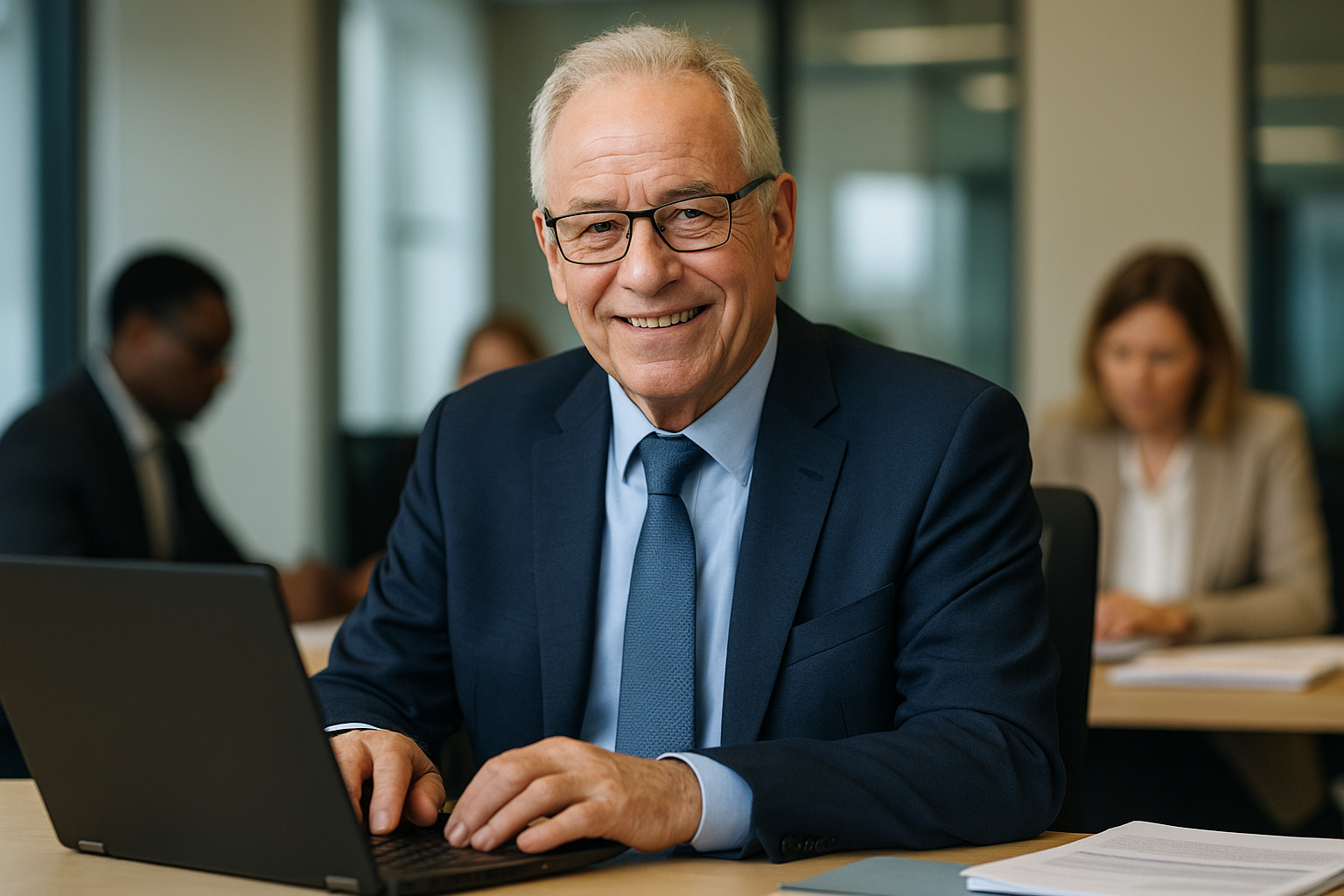 Idoso trabalhando em escritório moderno, representando o aumento da participação de pessoas acima de 60 anos no mercado de trabalho, conforme dados do IBGE.