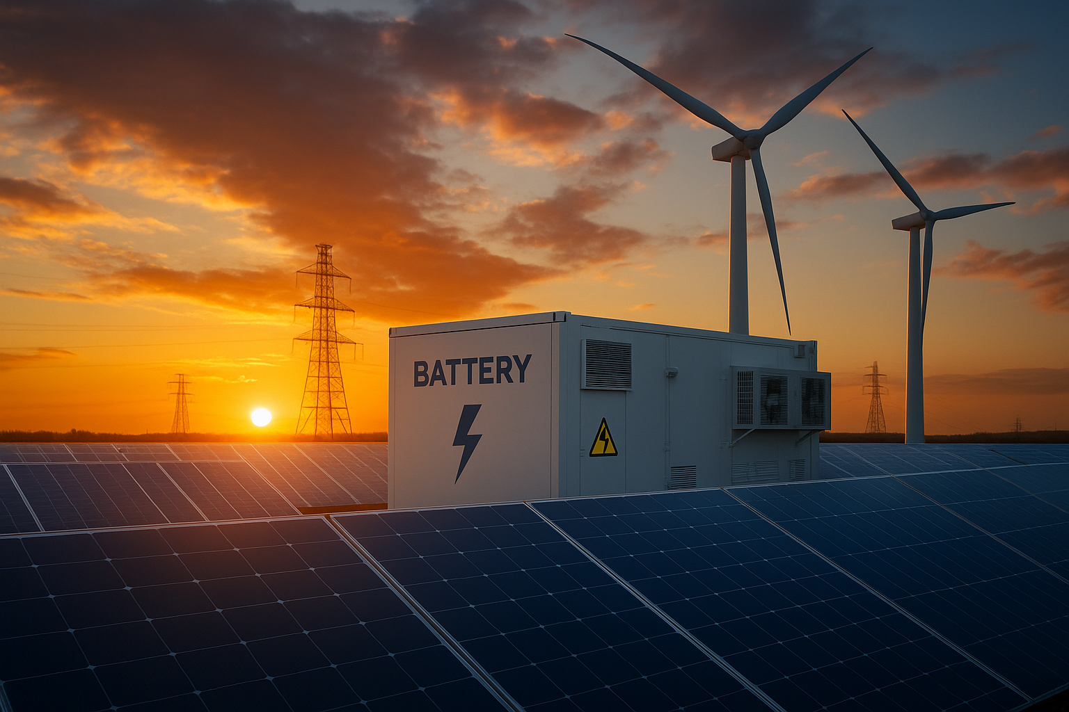 Sistema de energia renovável com painéis solares, turbinas eólicas e unidade de bateria ao pôr do sol, ilustrando segurança energética e integração de fontes limpas.