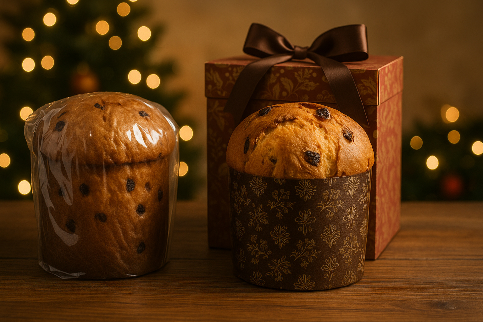 Diferença entre panetone artesanal e panetone industrial em mesa natalina.