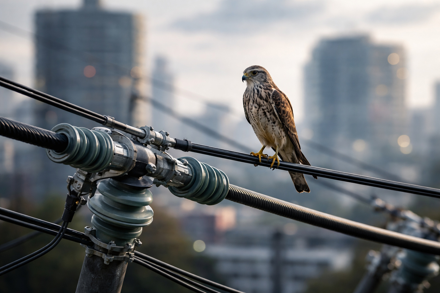 Pássaro pousado em fio elétrico de alta tensão sem sofrer choque elétrico.