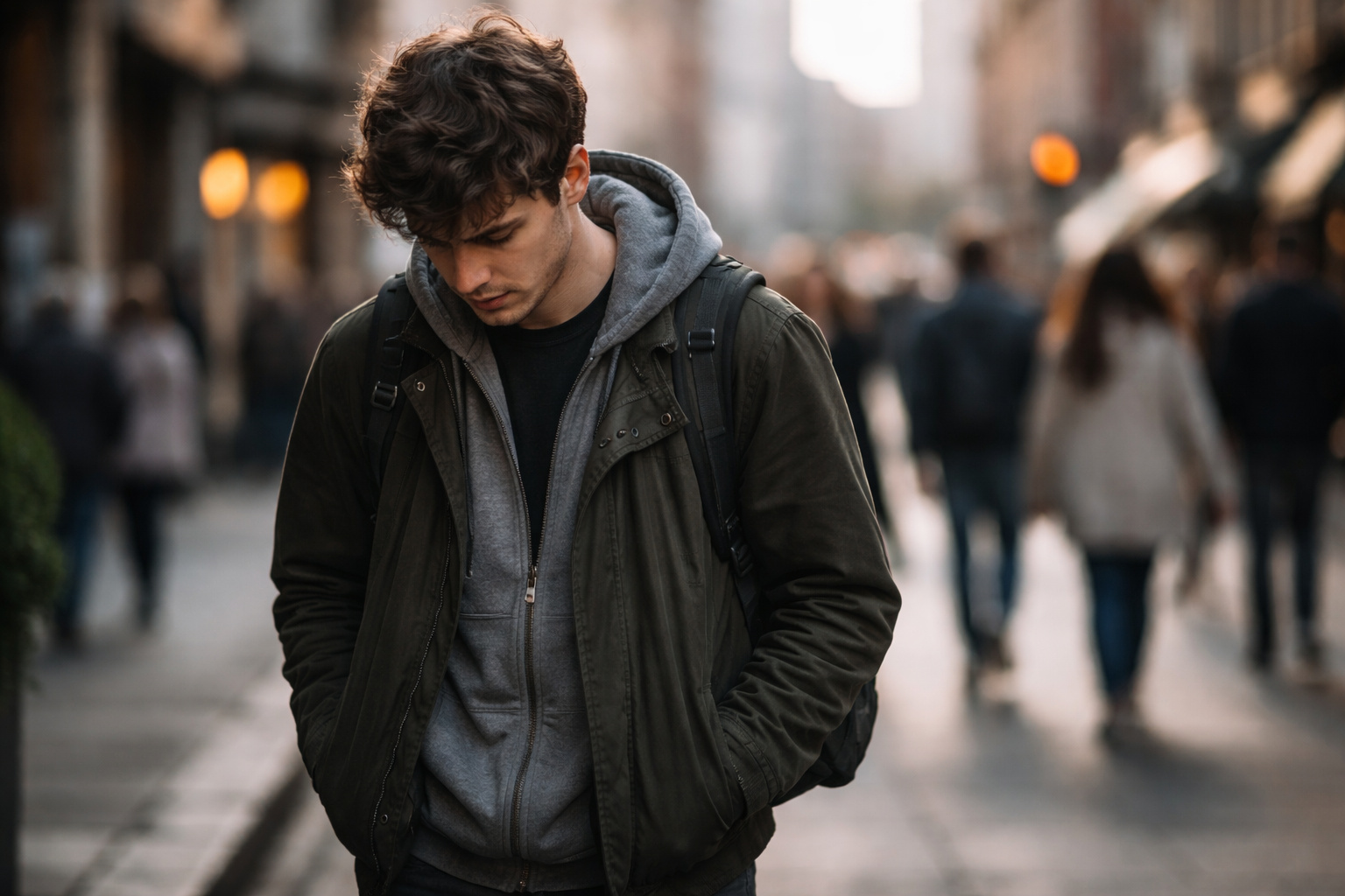 Pessoa caminhando em rua urbana movimentada com o olhar voltado para baixo, representando comportamento humano analisado pela psicologia e neurociência.