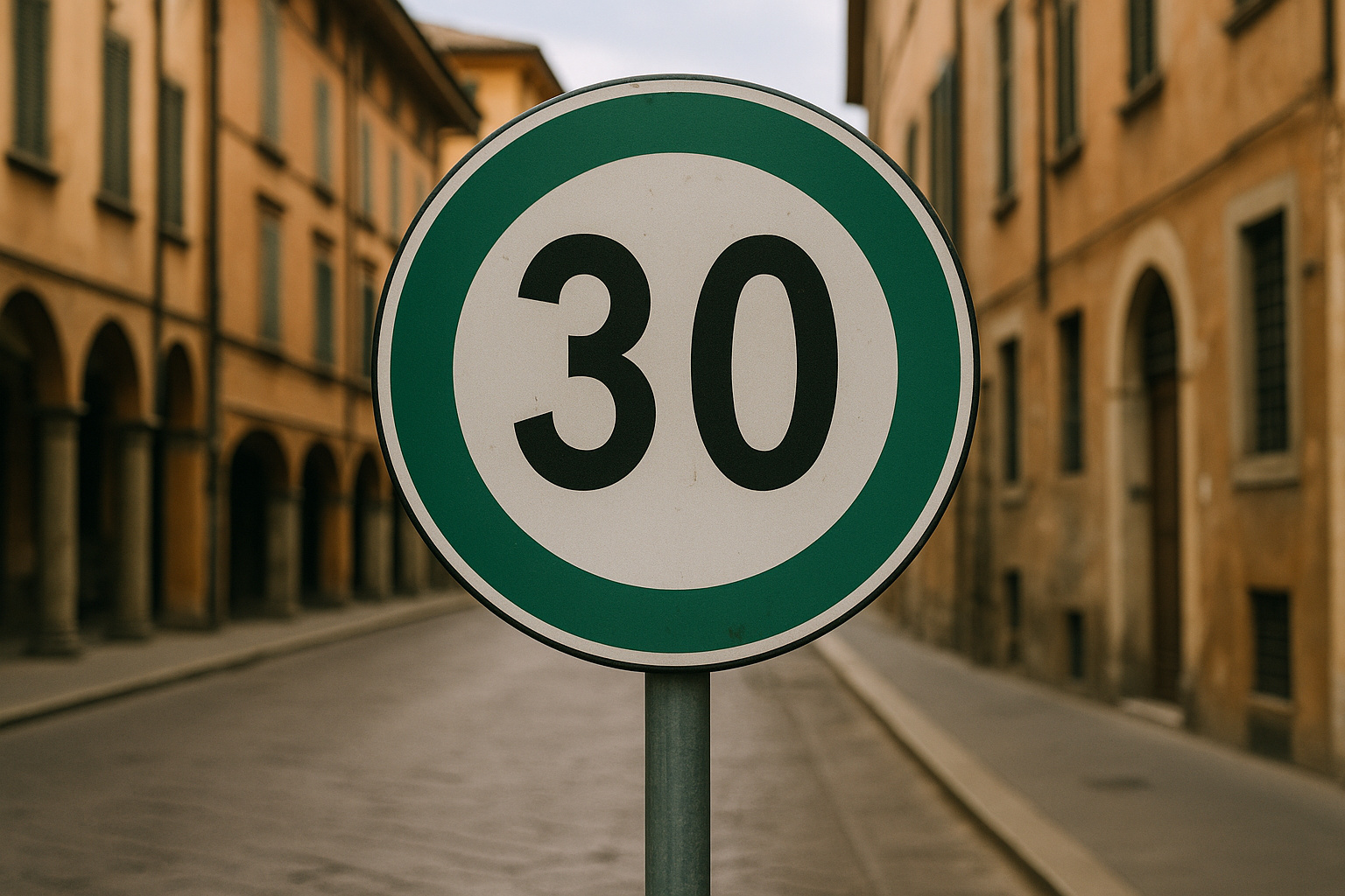 Placa de círculo verde indicando recomendação de velocidade em rua italiana.