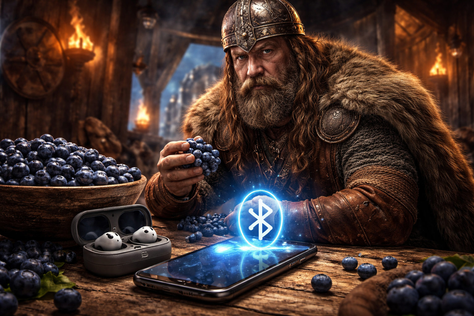 Representação ultra realista de um rei viking inspirado em Harald Bluetooth ao lado de dispositivos modernos conectados sem fio, simbolizando a origem histórica da tecnologia bluetooth.