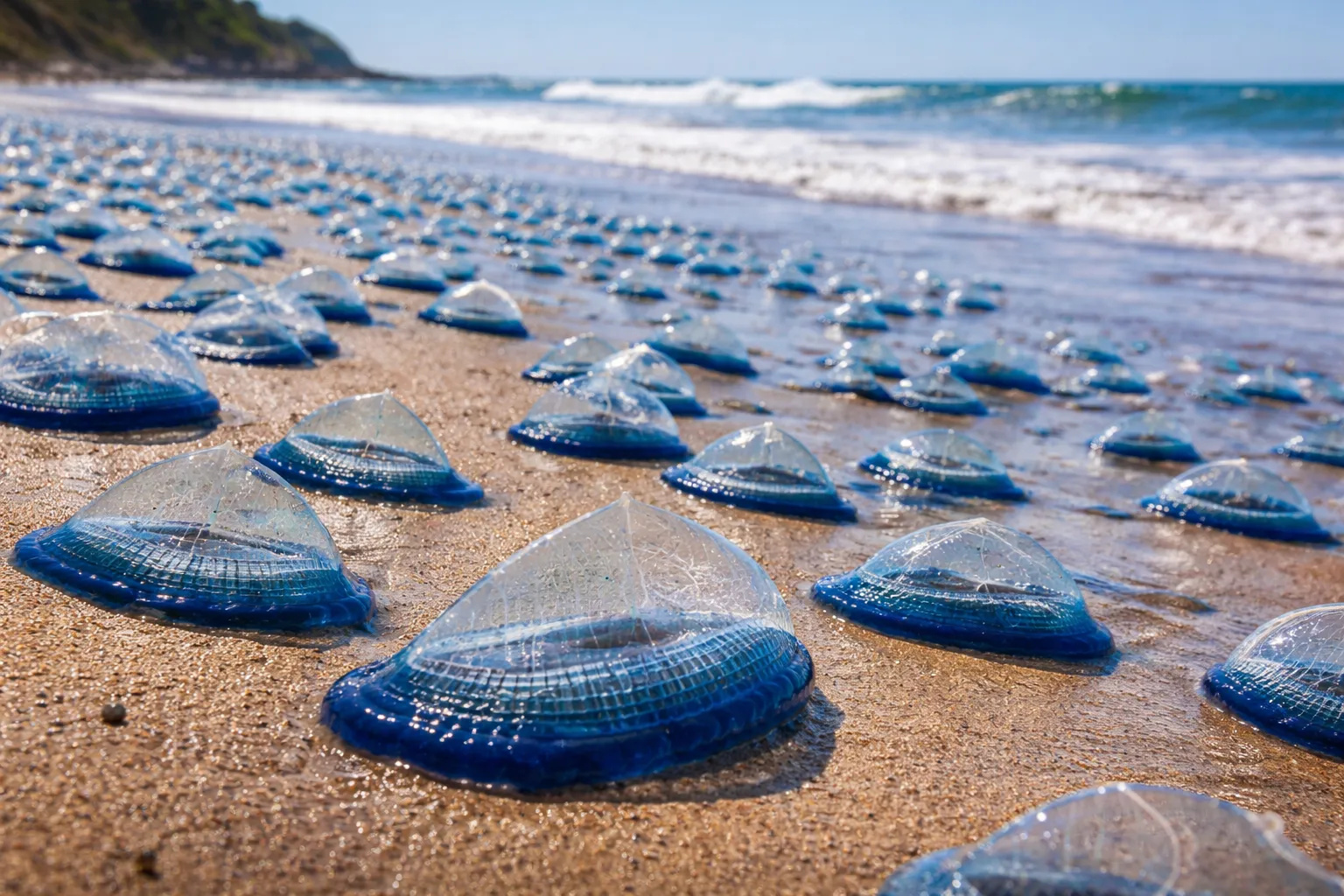 Criaturas gelatinosas surgem em massa em praias da Califórnia, formando extensos tapetes azulados e chamando atenção de moradores e especialistas.