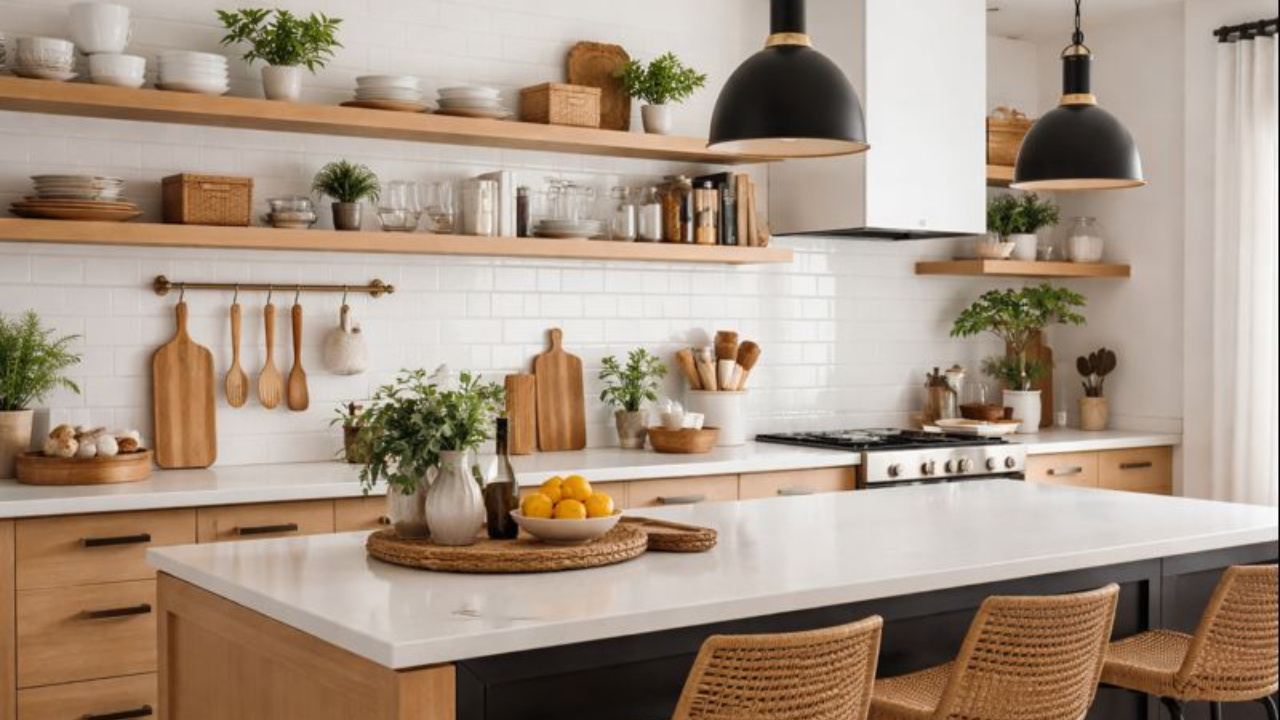 Tendências de cozinha 2026 apontam prateleiras abertas na cozinha como solução econômica e funcional no design de interiores residencial.