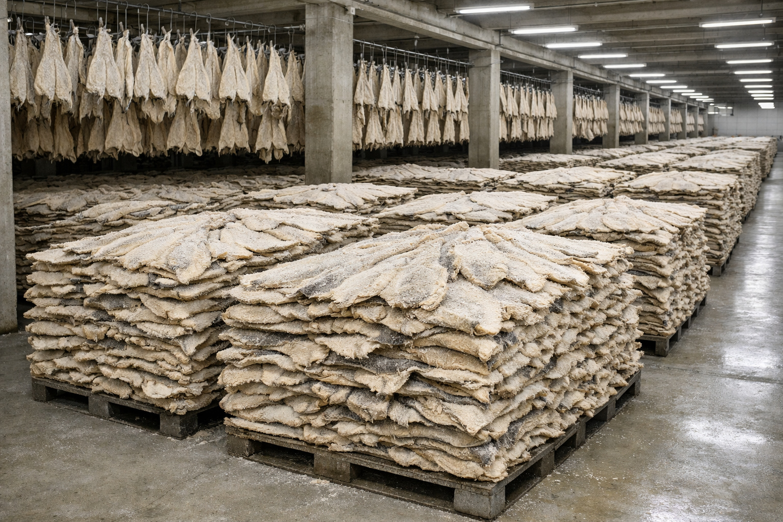 Processo industrial do bacalhau com peixe aberto, sal grosso e ambiente de produção controlado